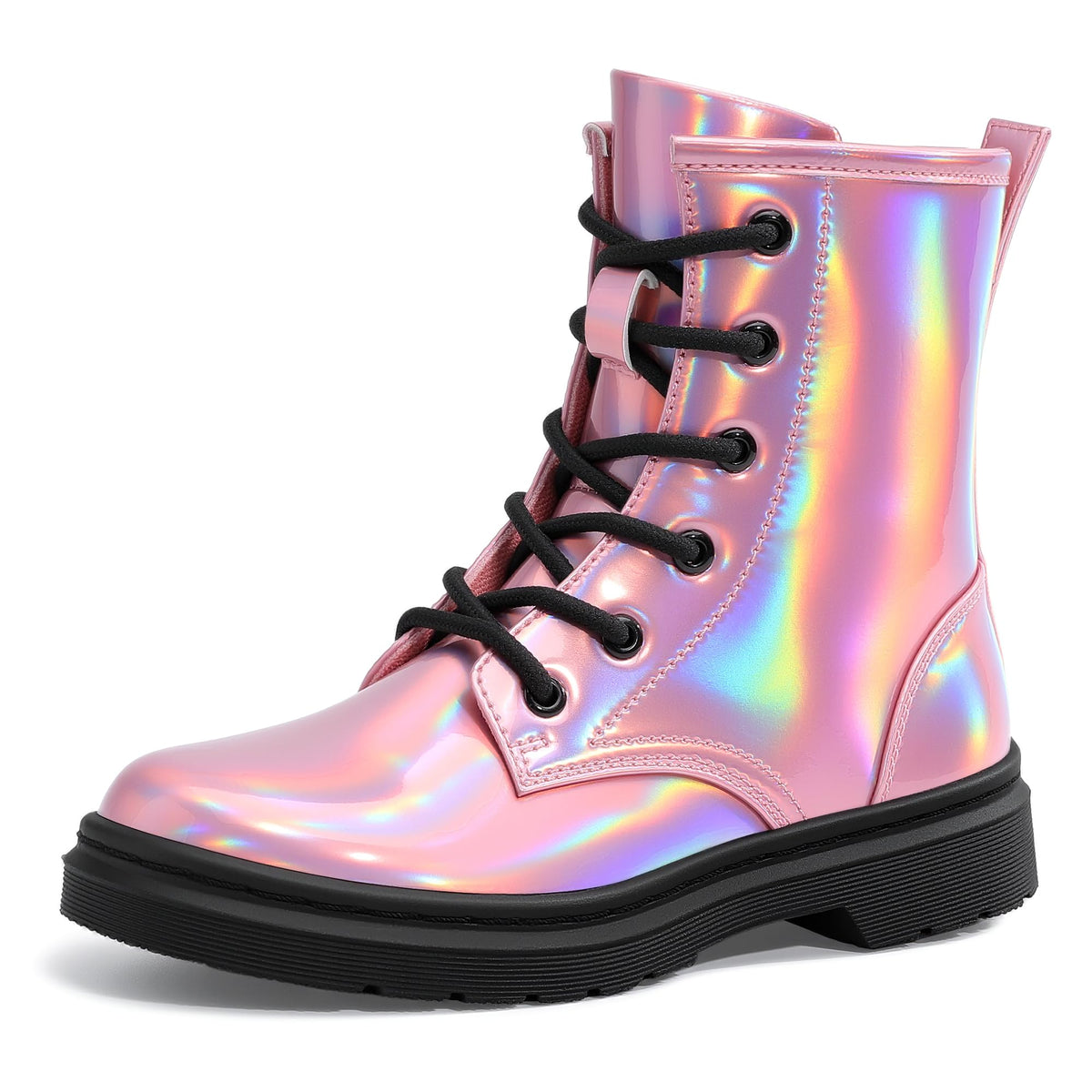 shoeslocker Girls Boots Shiny Stylish Comfort Combat Ankle Bootie