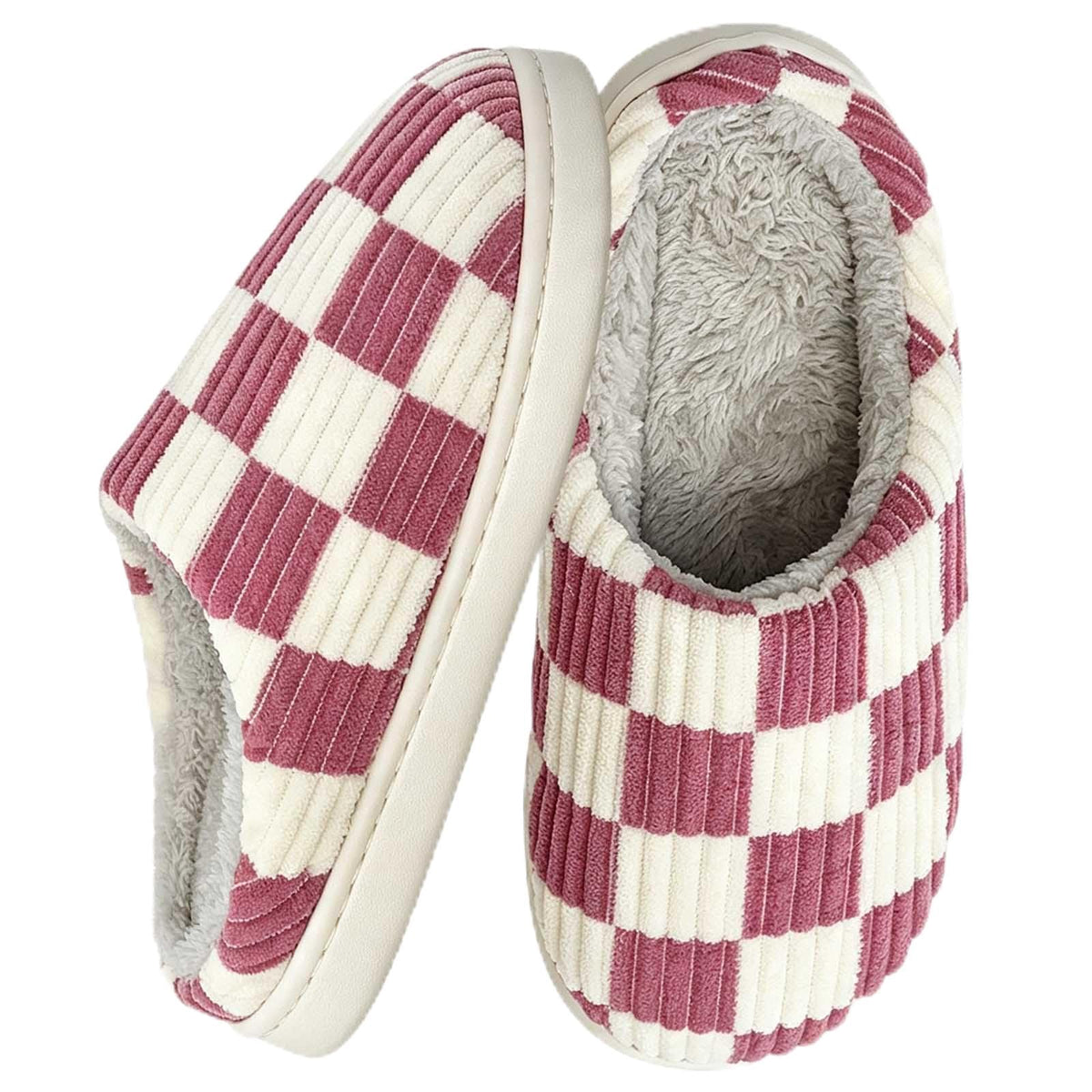 Kids Checkered Slippers for Girls and Boys, Cozy Corduroy Fuzzy House Shoes with Warm Fleece Lining, Soft Memory Foam Indoor Slip on Bedroom Loafers for Toddler Little Big Kid
