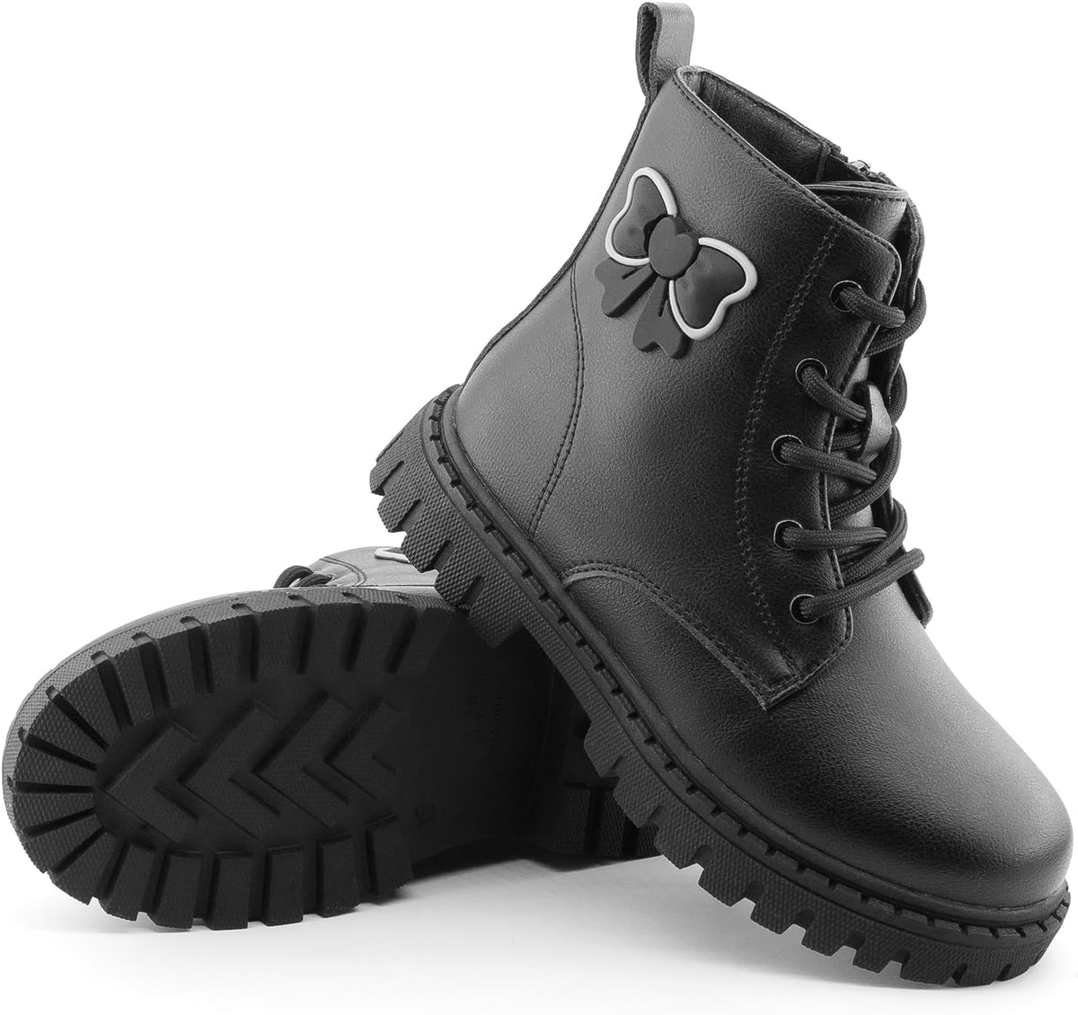 Girls Combat Boots Side Bow Detail Lace Up Side Zipper Ankle Boots