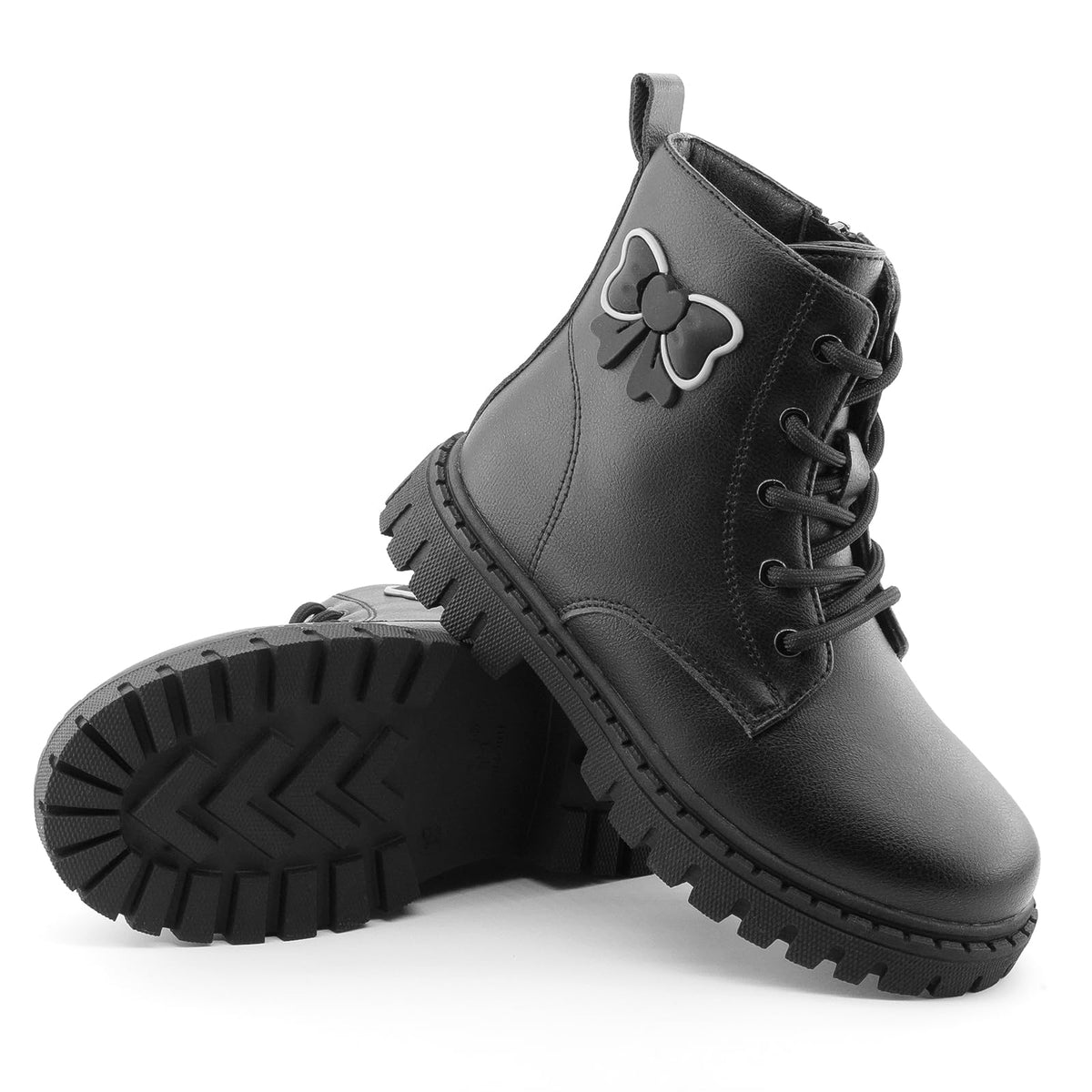Girls Combat Boots Side Bow Detail Lace Up Side Zipper Ankle Boots