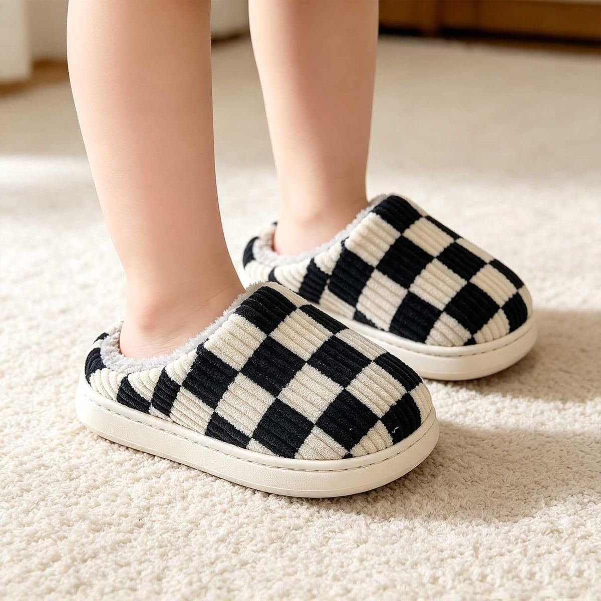 Kids Checkered Slippers for Girls and Boys, Cozy Corduroy Fuzzy House Shoes with Warm Fleece Lining, Soft Memory Foam Indoor Slip on Bedroom Loafers for Toddler Little Big Kid