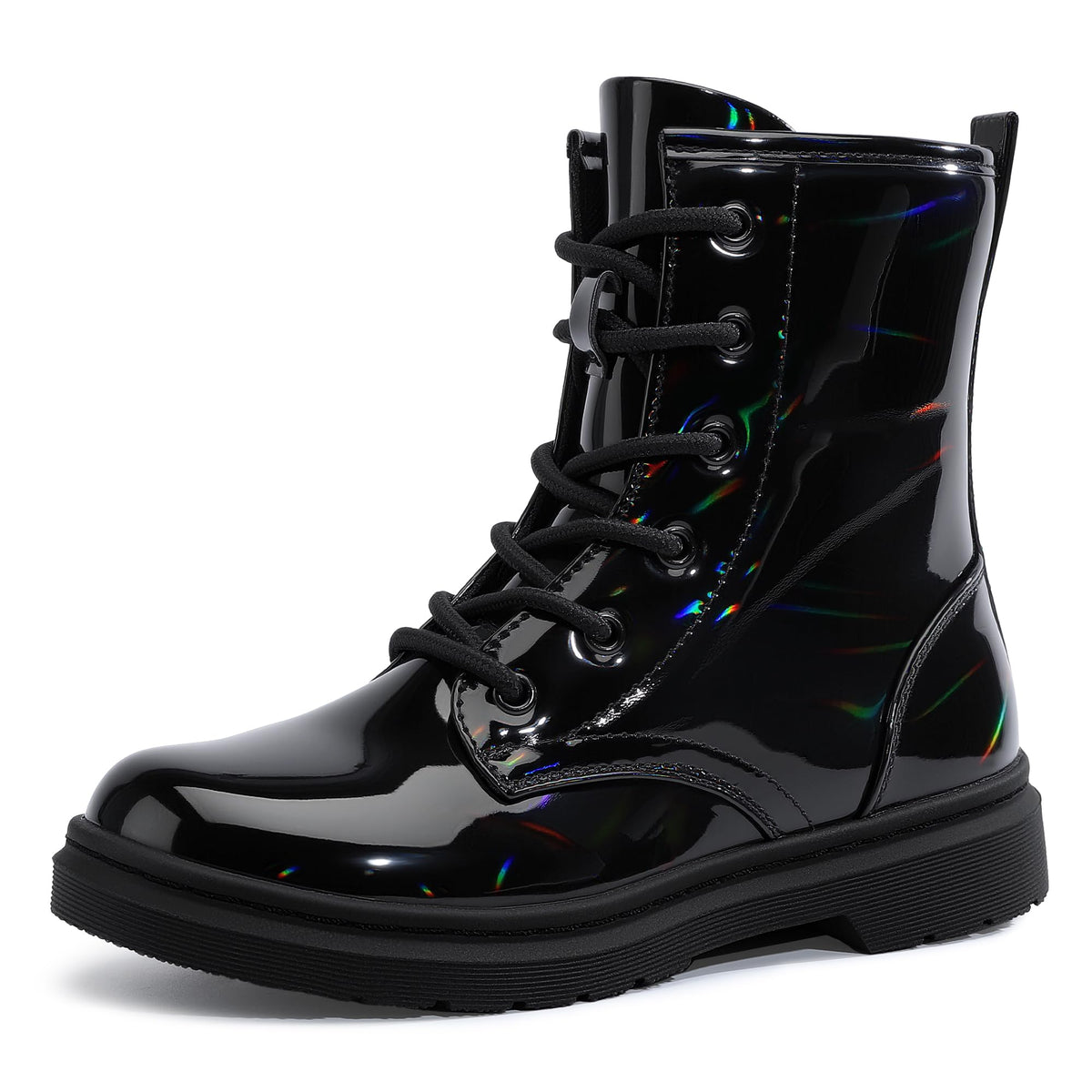 shoeslocker Girls Boots Shiny Stylish Comfort Combat Ankle Bootie