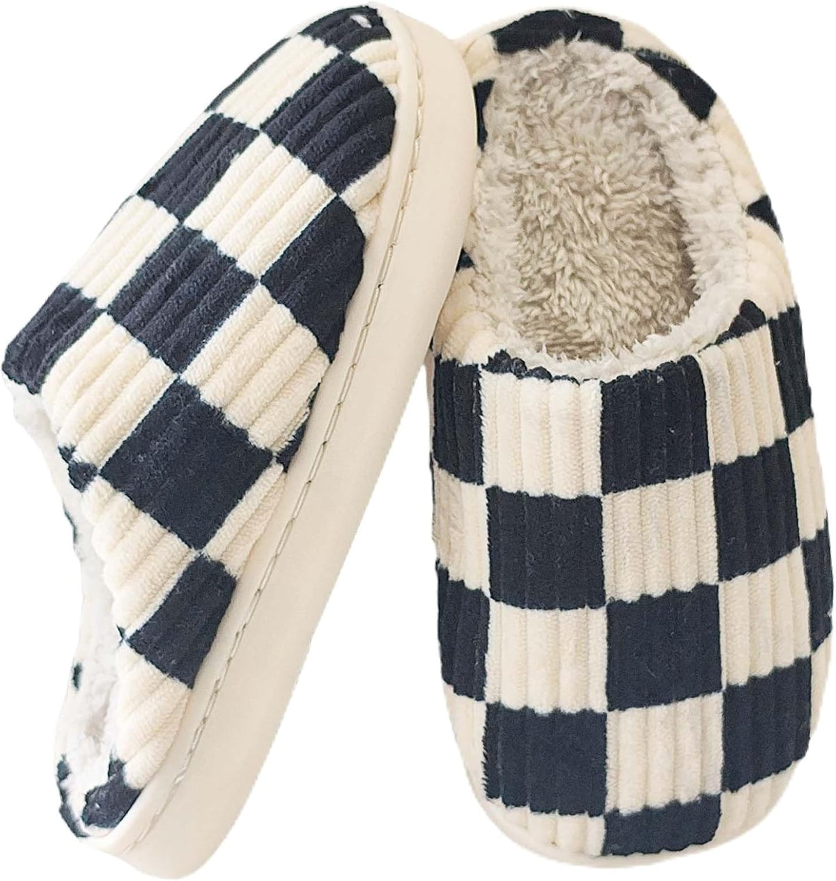 Kids Checkered Slippers for Girls and Boys, Cozy Corduroy Fuzzy House Shoes with Warm Fleece Lining, Soft Memory Foam Indoor Slip on Bedroom Loafers for Toddler Little Big Kid