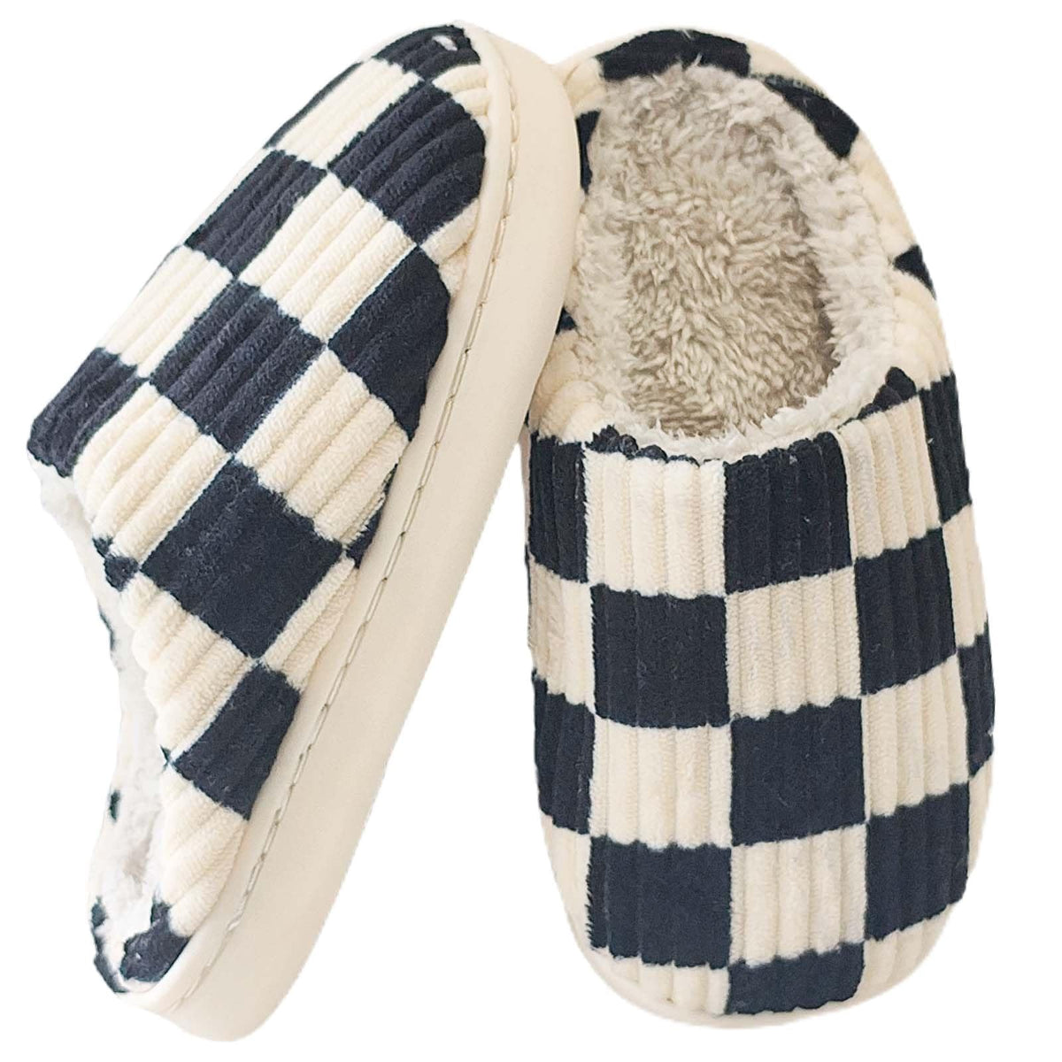 Kids Checkered Slippers for Girls and Boys, Cozy Corduroy Fuzzy House Shoes with Warm Fleece Lining, Soft Memory Foam Indoor Slip on Bedroom Loafers for Toddler Little Big Kid