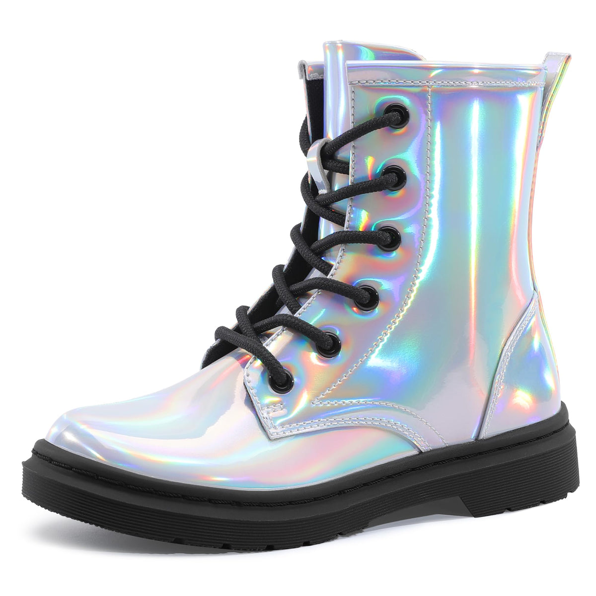 shoeslocker Girls Boots Shiny Stylish Comfort Combat Ankle Bootie