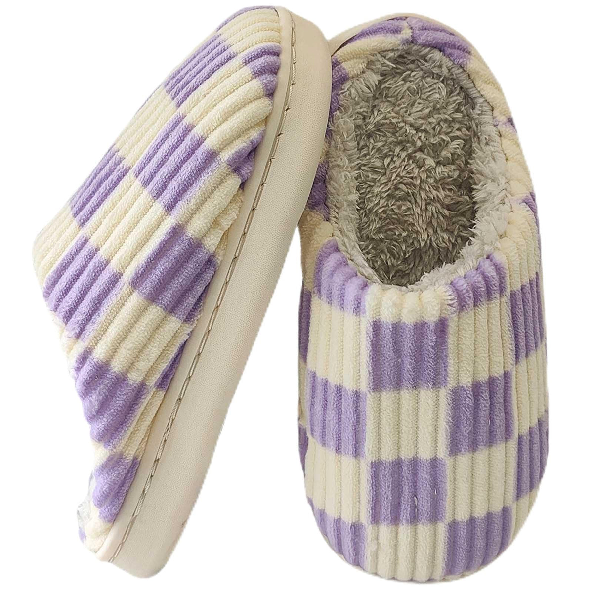 Kids Checkered Slippers for Girls and Boys, Cozy Corduroy Fuzzy House Shoes with Warm Fleece Lining, Soft Memory Foam Indoor Slip on Bedroom Loafers for Toddler Little Big Kid