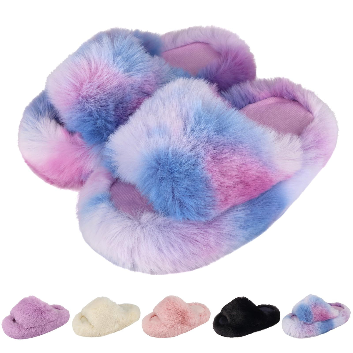 KOUECI Girls Fuzzy Plush Slippers丨Kids Open Toe Fluffy Memory Foam Slippers丨Slip on Warm Soft Furry Slides Indoor Outdoor House Shoes