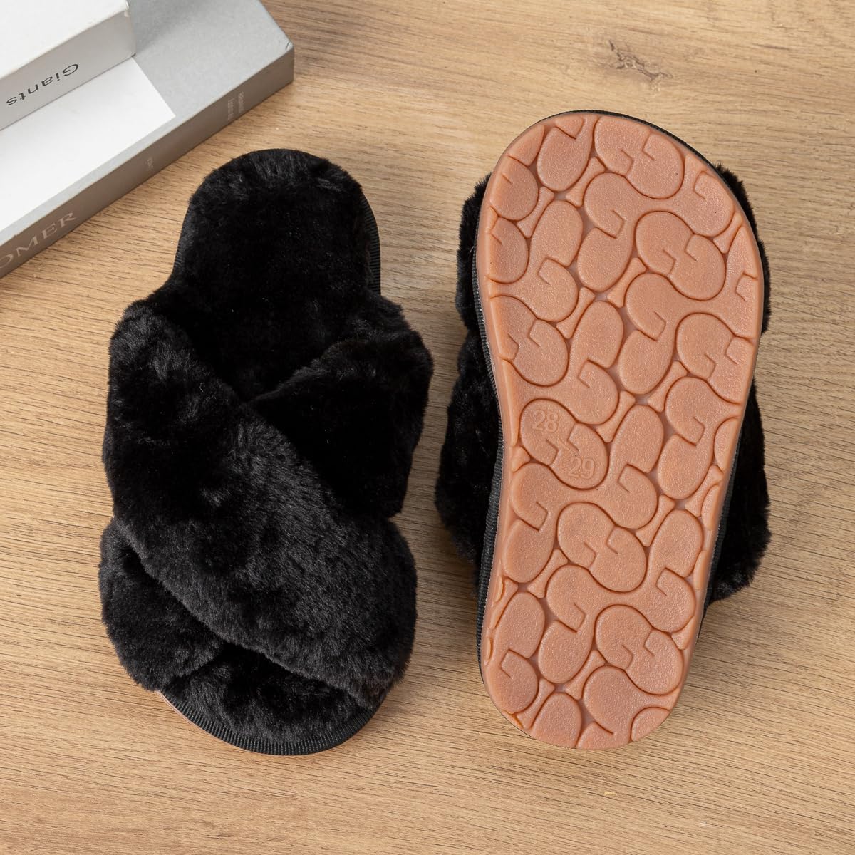 Enteer Girls Fluffy Slippers Memory Foam Soft Plush Cross Band House Shoes Indoor Outdoor Slip On