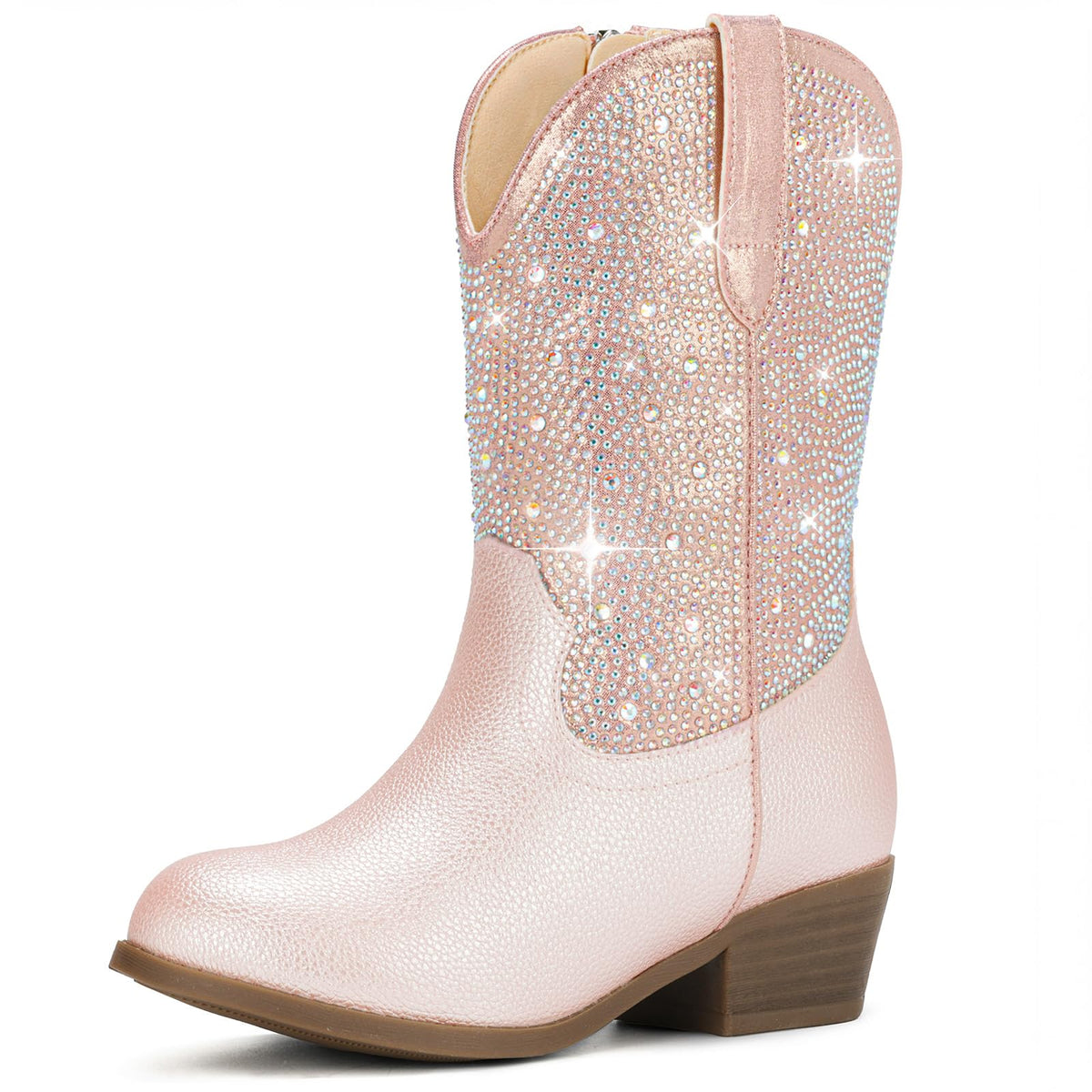 Rhinestone Girls Cowgirl Boots - Sparkly Cowboy Boots for Little Big Kids Toddler With Side Zipper Rounded Toe Non-Slip Comfortable Daily Birthday Halloween Rodeo Western Party Outfit