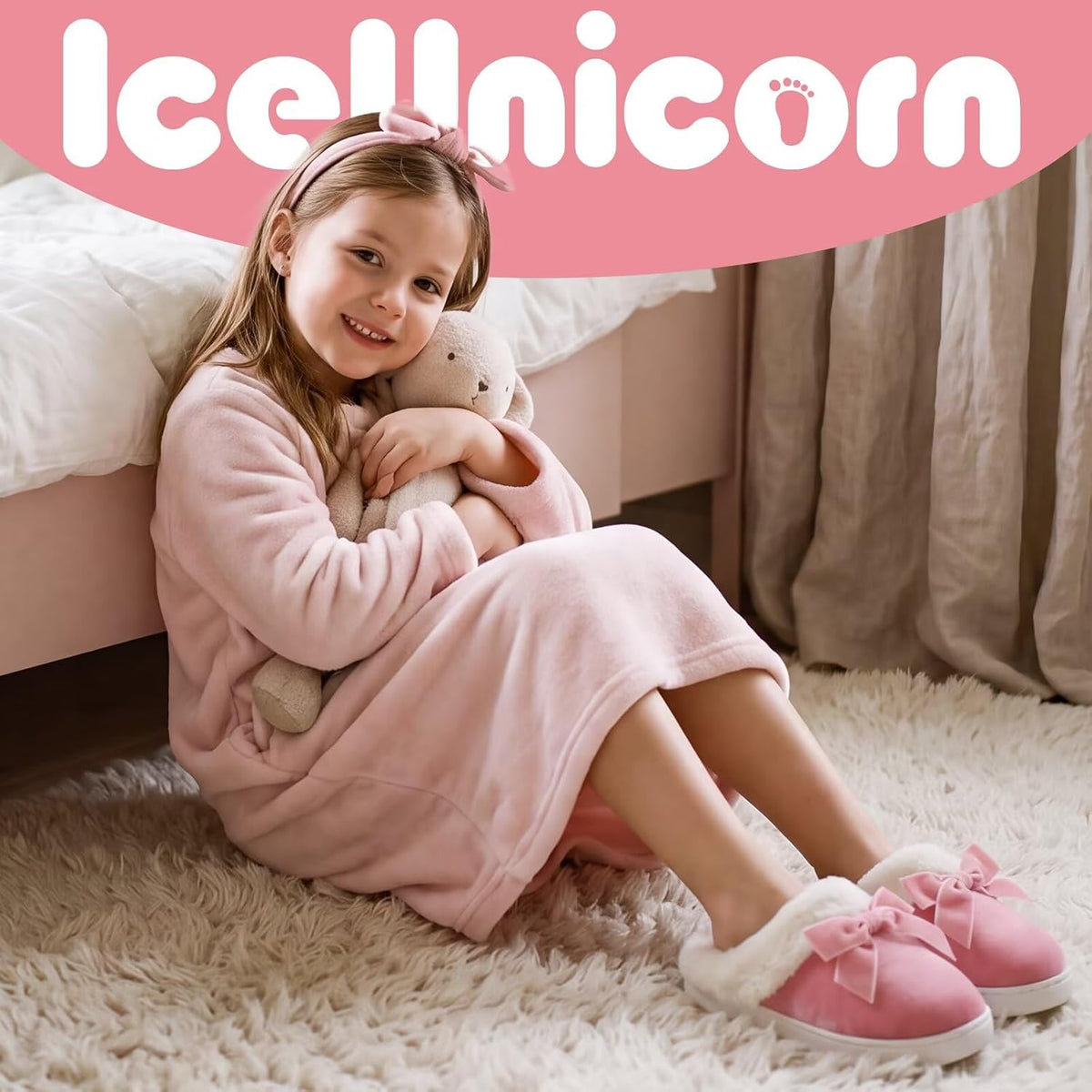 IceUnicorn Girls Slippers Cute Bow Kids Warm House Shoes