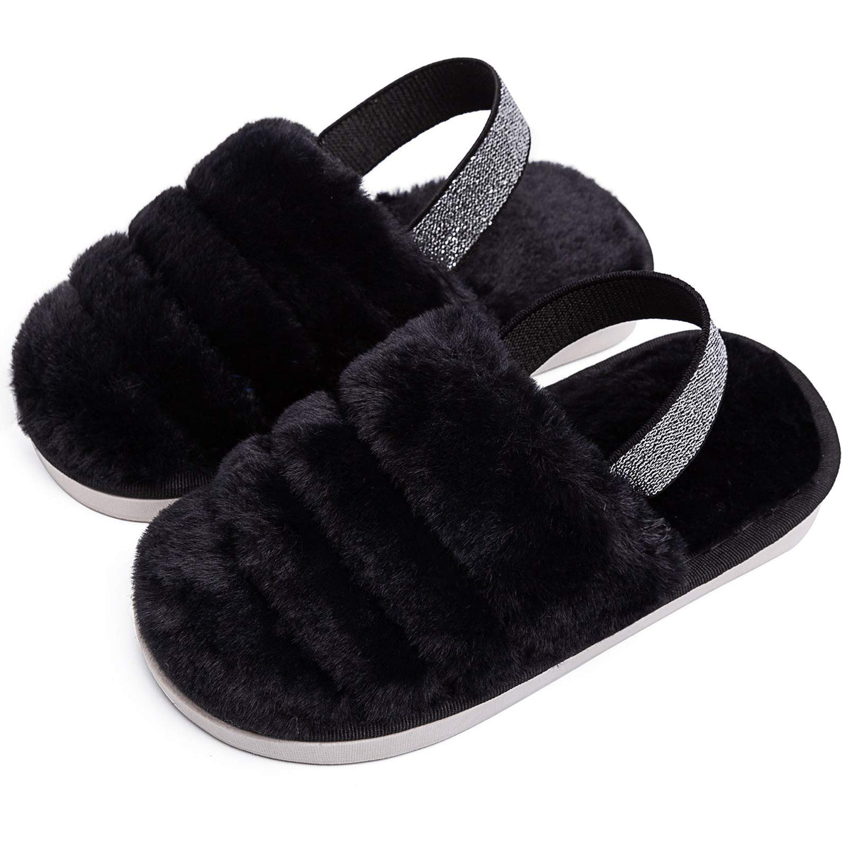 Kids Fluffy Fuzzy Slippers Open Toe House Home Slippers for Boys and Girls Faux Fur Slides with Strap Little Kids Slip-on Shoes