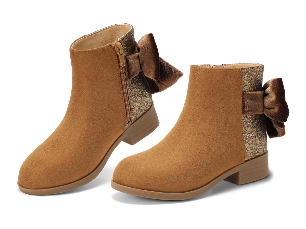Coutgo Girls Ankle Boots Bow Glitter Chunky Low Heel Zip Dress Booties