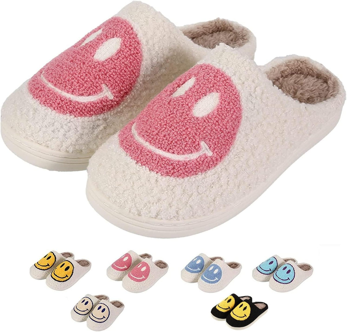 Retro Fuzzy Happy Face Slippers for Women Men, Cozy House Shoes