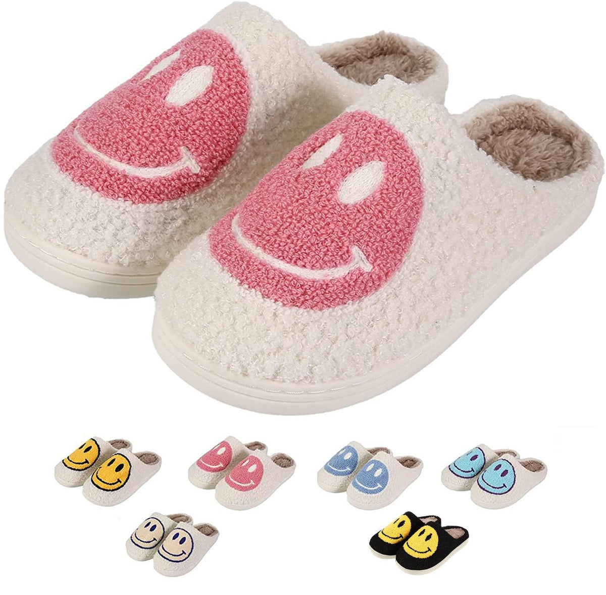 Retro Fuzzy Happy Face Slippers for Women Men, Cozy House Shoes