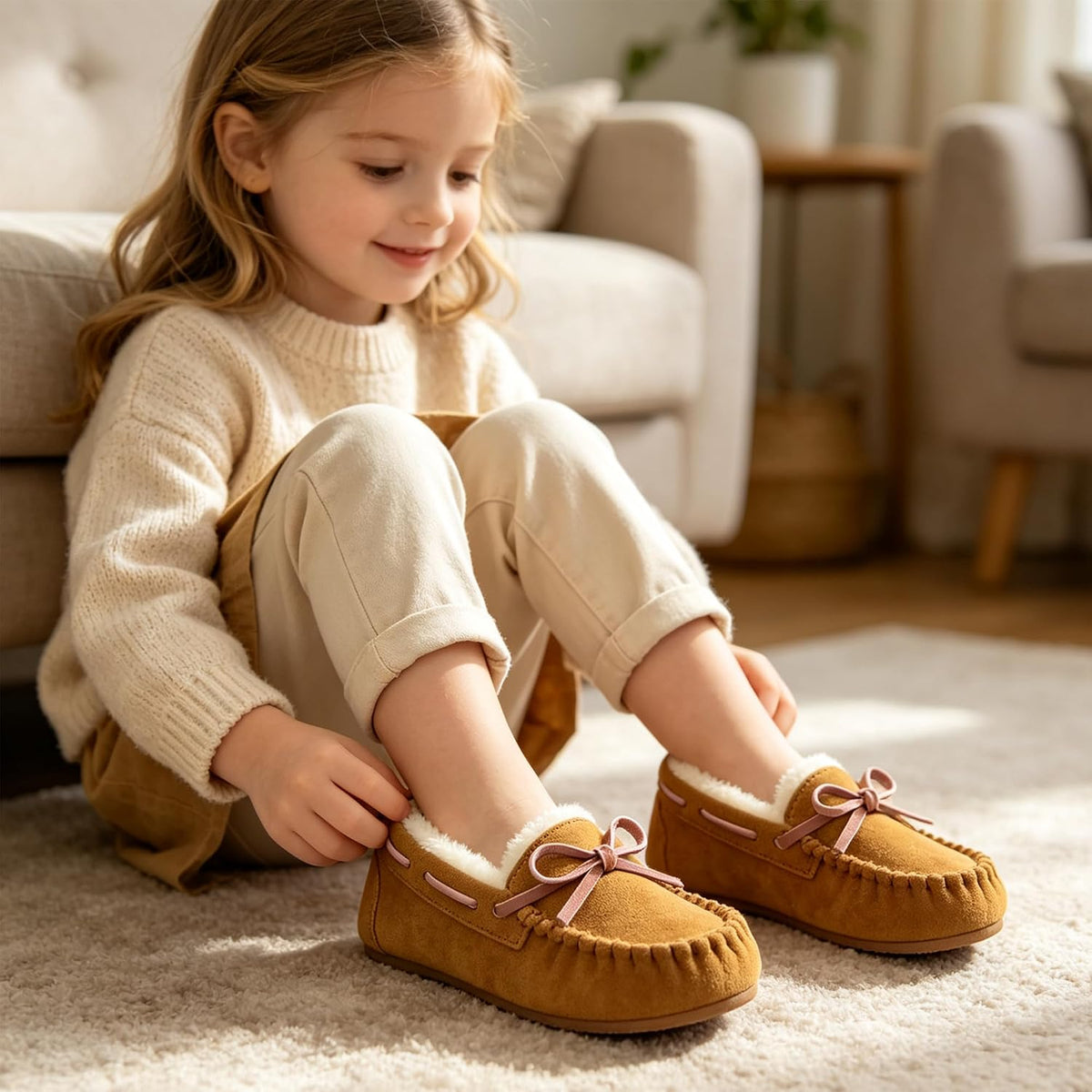 Vonair Girls Slippers Faux Fur Moccasin House Shoes Bow