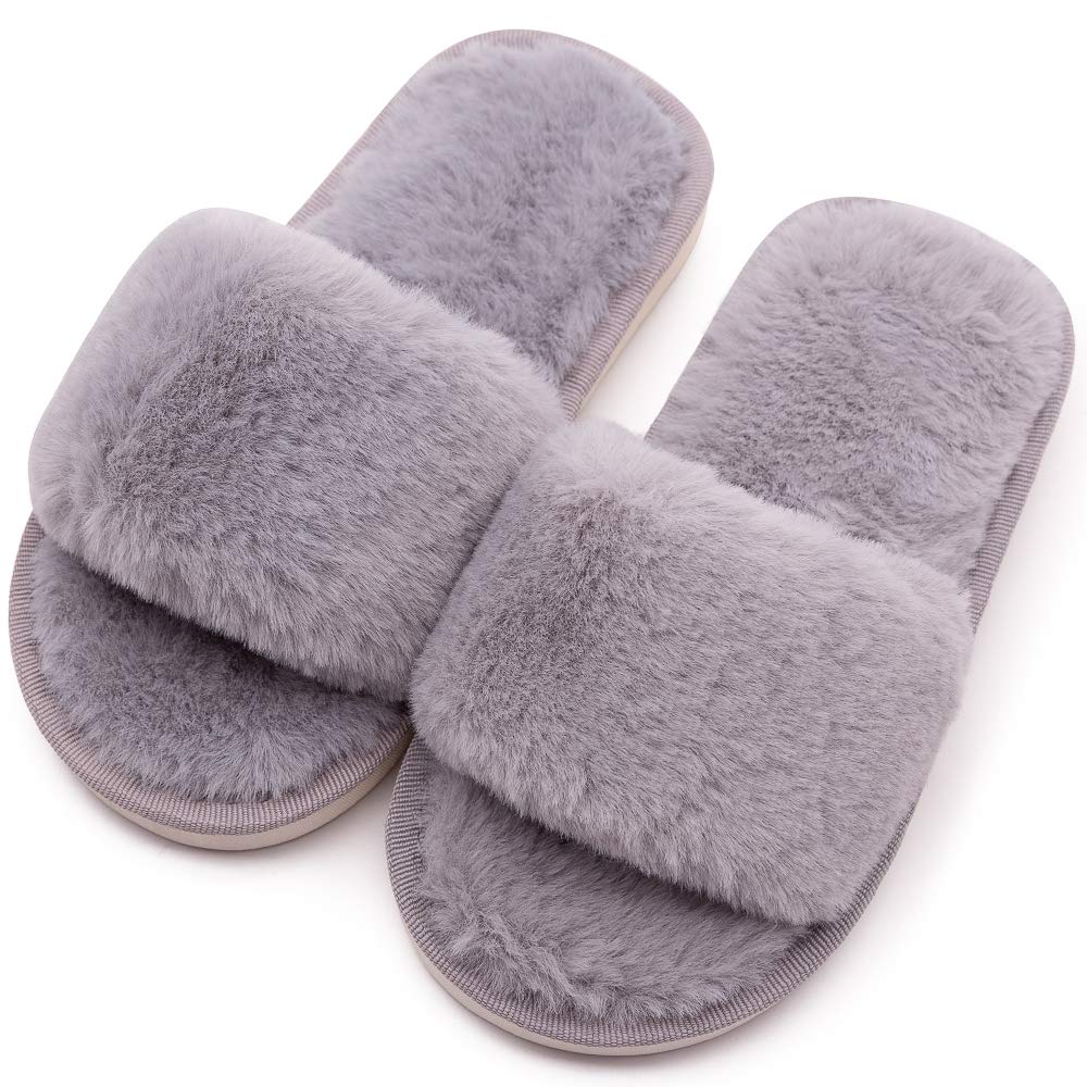 techcity Boys Girls Fuzzy House Slippers Cute Comfy Faux Fur Slip On Fluffy Plush Open Toe Home Slides for Kids Indoor Outdoor Warm Shoes