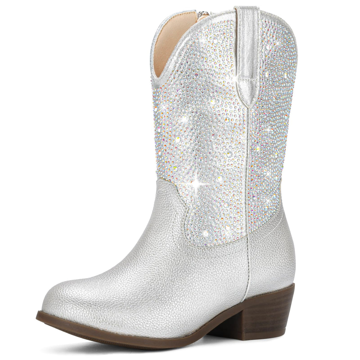 Rhinestone Girls Cowgirl Boots - Sparkly Cowboy Boots for Little Big Kids Toddler With Side Zipper Rounded Toe Non-Slip Comfortable Daily Birthday Halloween Rodeo Western Party Outfit