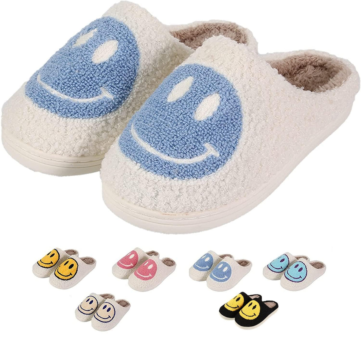 Retro Fuzzy Happy Face Slippers for Women Men, Cozy House Shoes