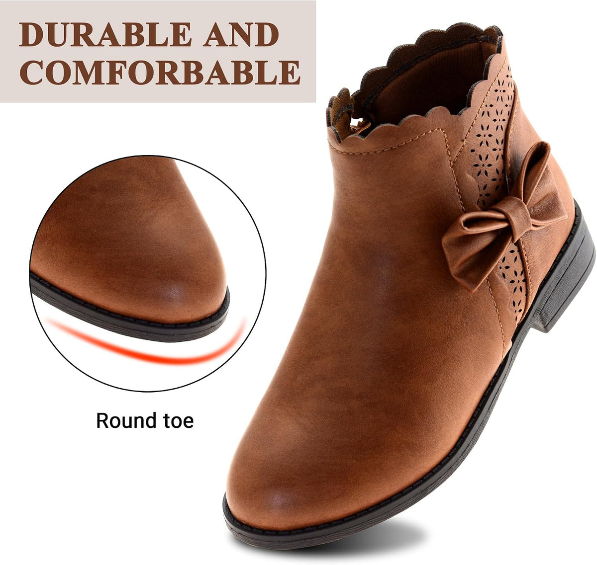 LseLom Girls Ankle Boots Kids Ankle Booties Bow Side Zipper Low Heel Outdoor Warm Shoes for Little Kids/Big Kids