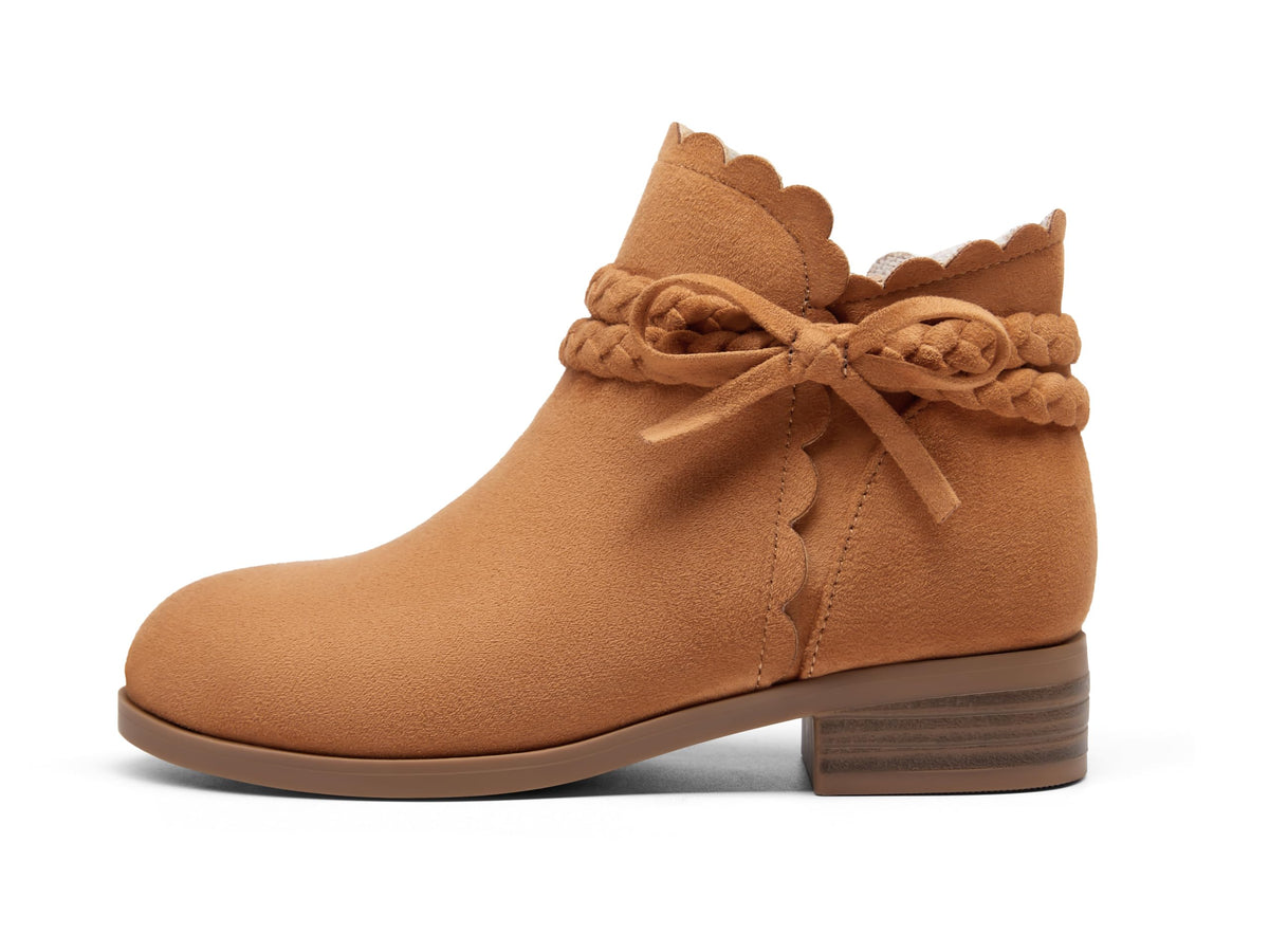Coutgo Girls Bow Ankle Boots Low Heel Zip Booties Braided Strap Dress Shoes