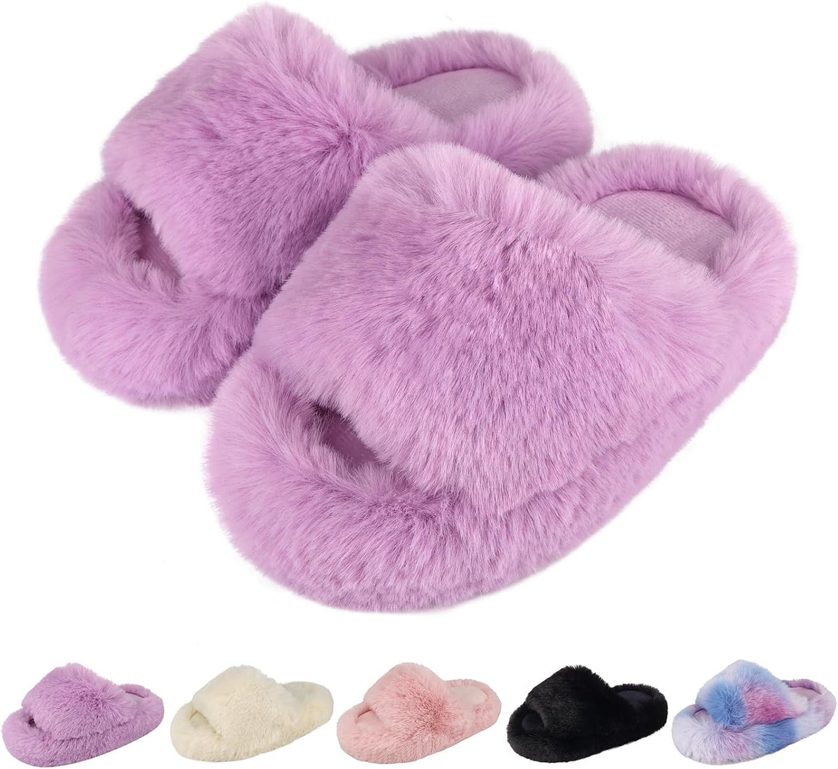 KOUECI Girls Fuzzy Plush Slippers丨Kids Open Toe Fluffy Memory Foam Slippers丨Slip on Warm Soft Furry Slides Indoor Outdoor House Shoes