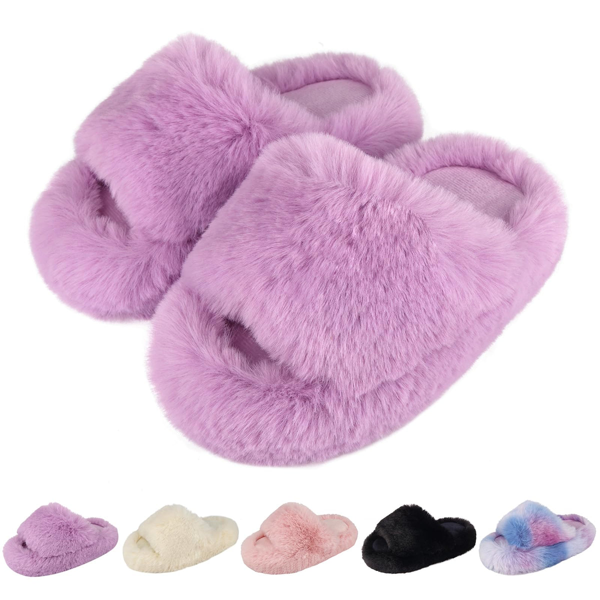 KOUECI Girls Fuzzy Plush Slippers丨Kids Open Toe Fluffy Memory Foam Slippers丨Slip on Warm Soft Furry Slides Indoor Outdoor House Shoes