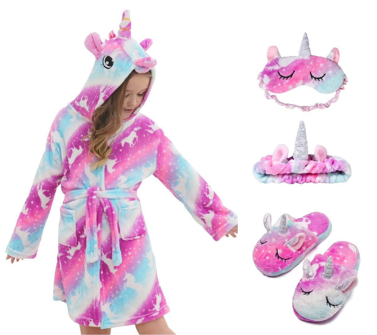 CHETOSHO Soft Unicorn Hooded Robe with Matching Slippers Headband and Blindfold for Girls