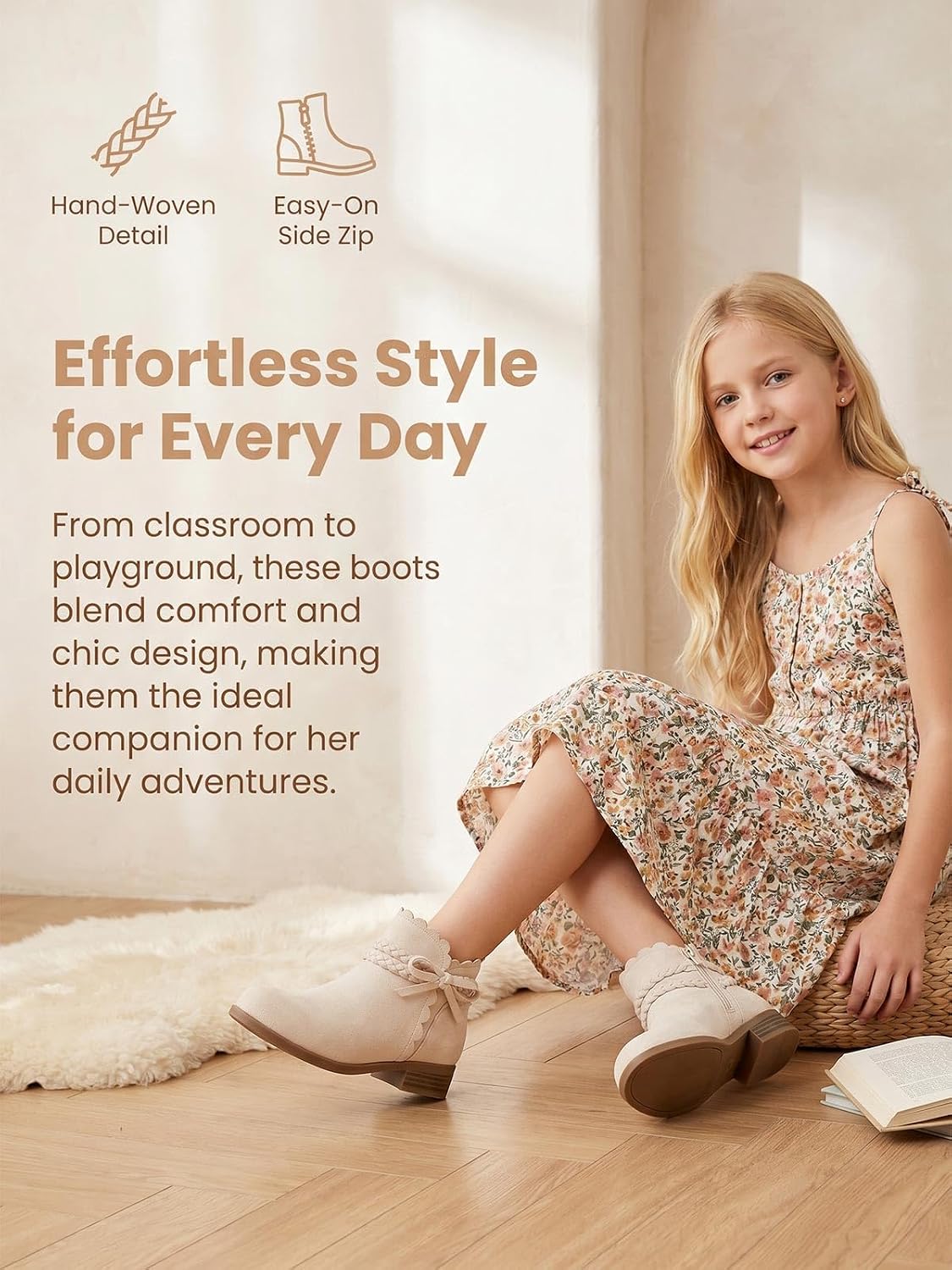 Coutgo Girls Bow Ankle Boots Low Heel Zip Booties Braided Strap Dress Shoes