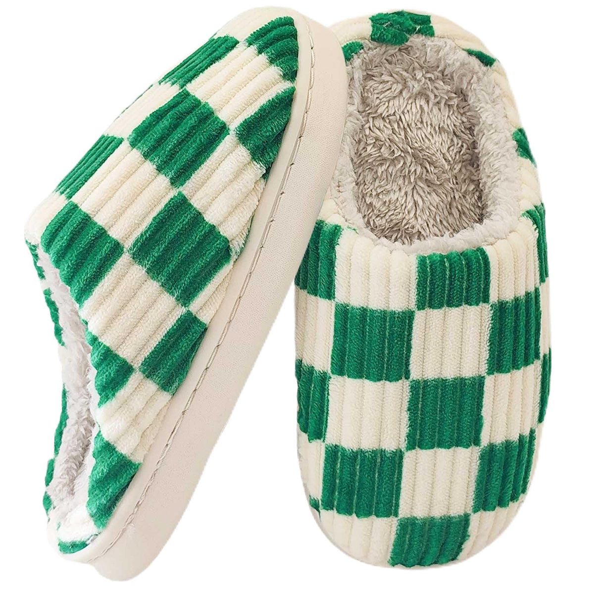 Kids Checkered Slippers for Girls and Boys, Cozy Corduroy Fuzzy House Shoes with Warm Fleece Lining, Soft Memory Foam Indoor Slip on Bedroom Loafers for Toddler Little Big Kid