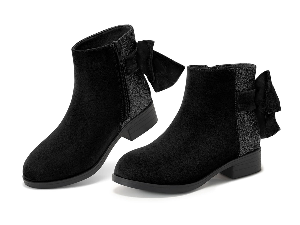 Coutgo Girls Ankle Boots Bow Glitter Chunky Low Heel Zip Dress Booties
