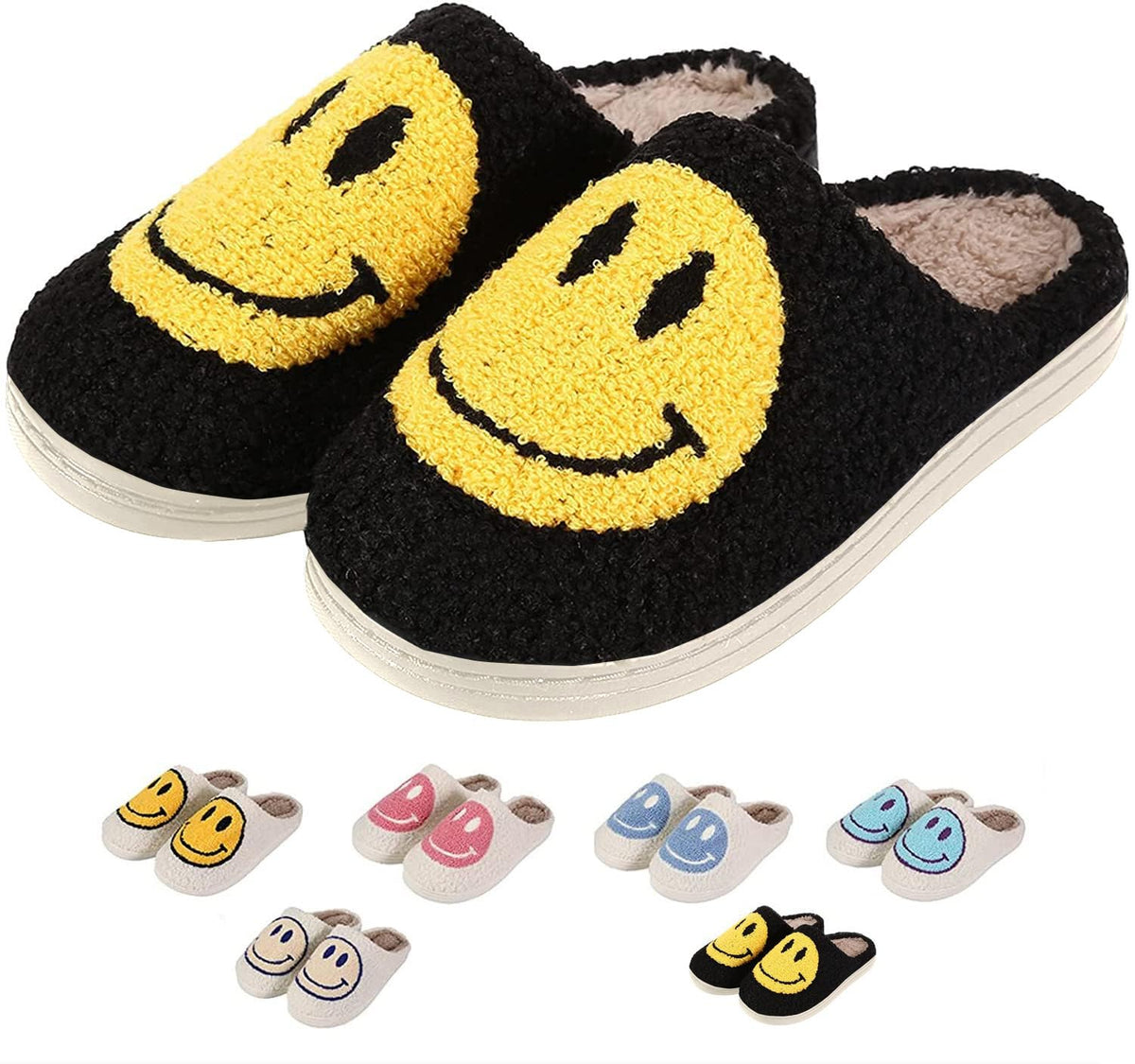 Retro Fuzzy Happy Face Slippers for Women Men, Cozy House Shoes