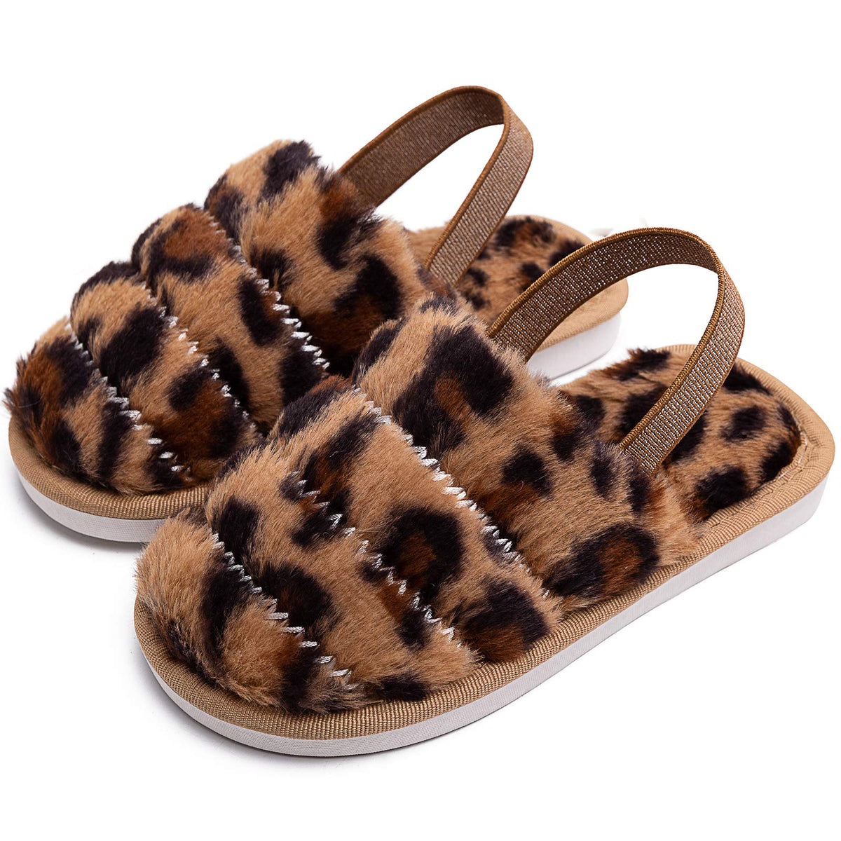 Kids Fluffy Fuzzy Slippers Open Toe House Home Slippers for Boys and Girls Faux Fur Slides with Strap Little Kids Slip-on Shoes