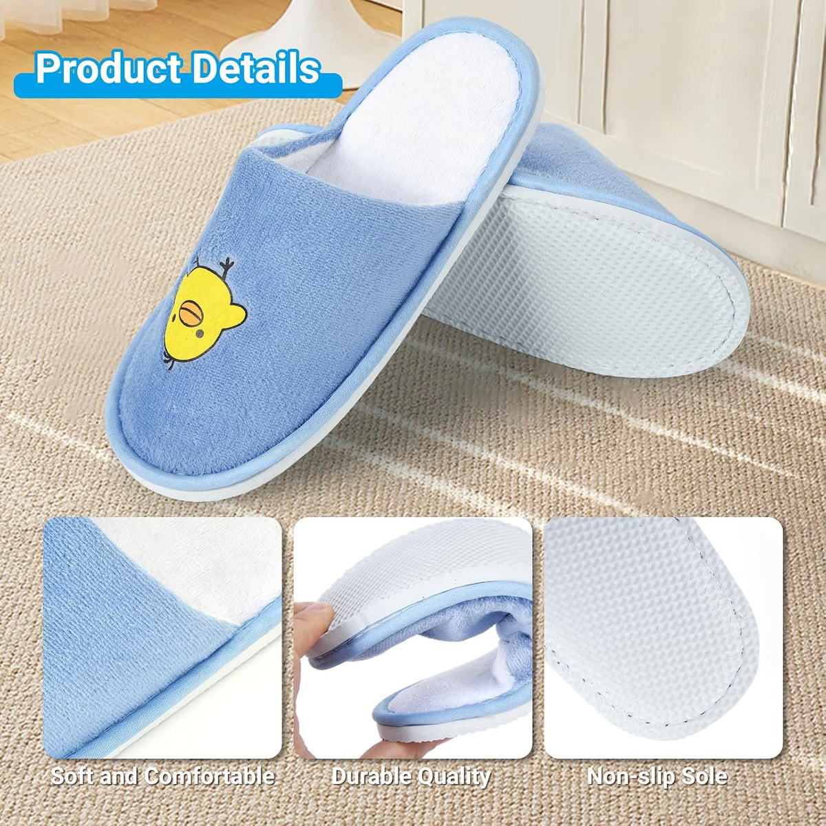 6x Spa Disposable Slippers for 6-10 Years Kids Indoor House Hotel Swimming Slippers for Children Guests Kid Spa Smiley Yellow Chicken Face Slipper,Size 2.5-3