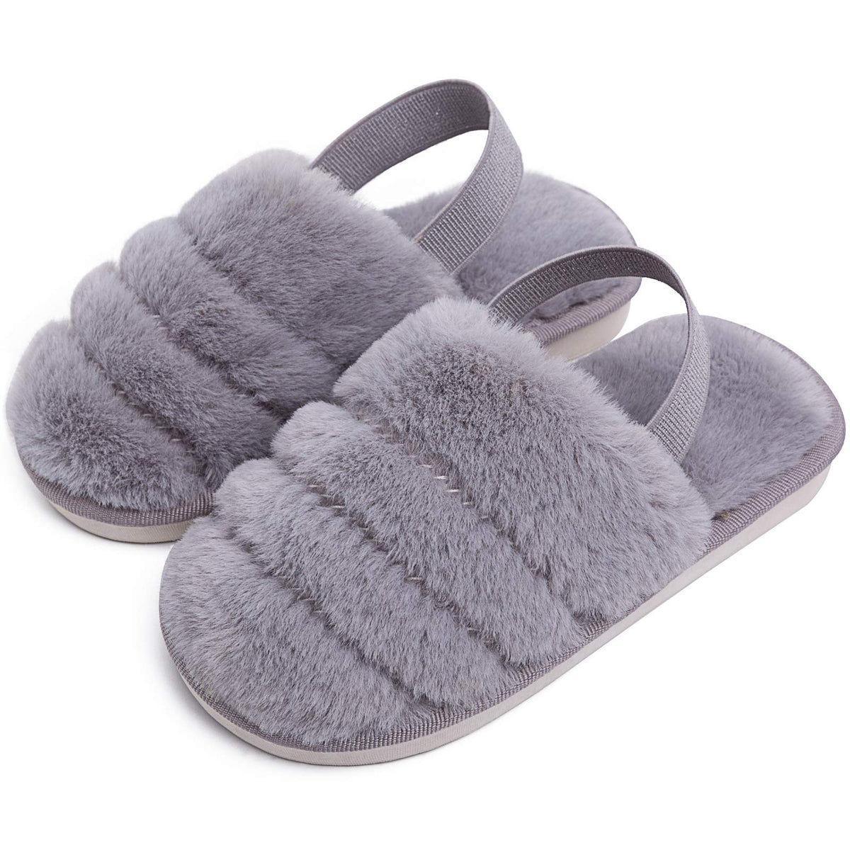 Kids Fluffy Fuzzy Slippers Open Toe House Home Slippers for Boys and Girls Faux Fur Slides with Strap Little Kids Slip-on Shoes