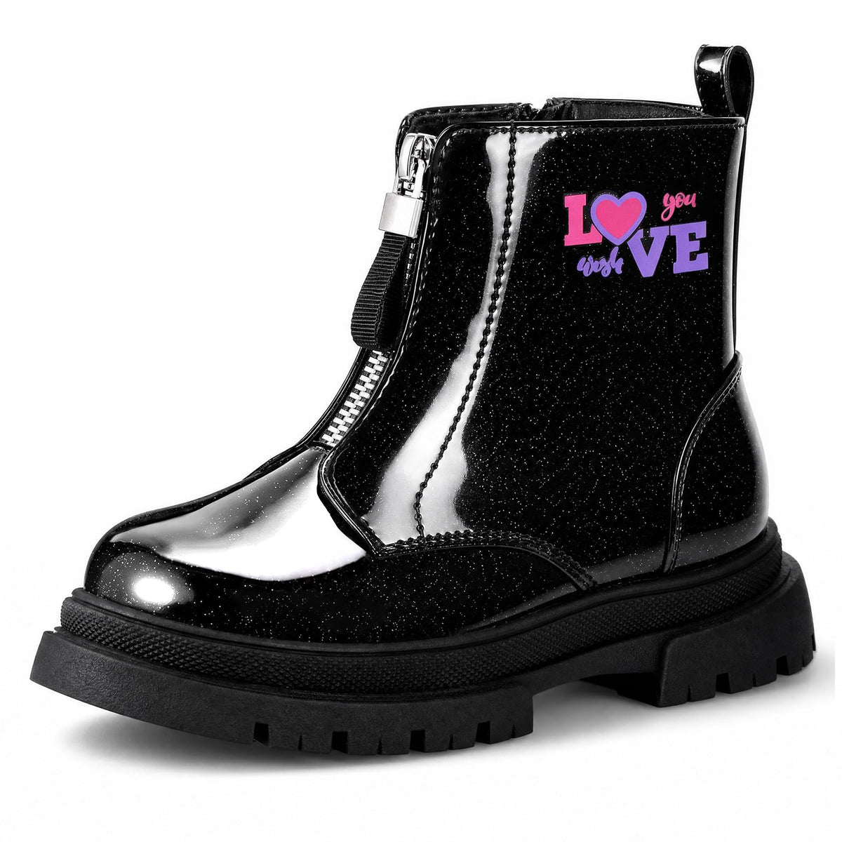 Girls Black Combat Ankle Boots Glitter with Front & Side Zippers