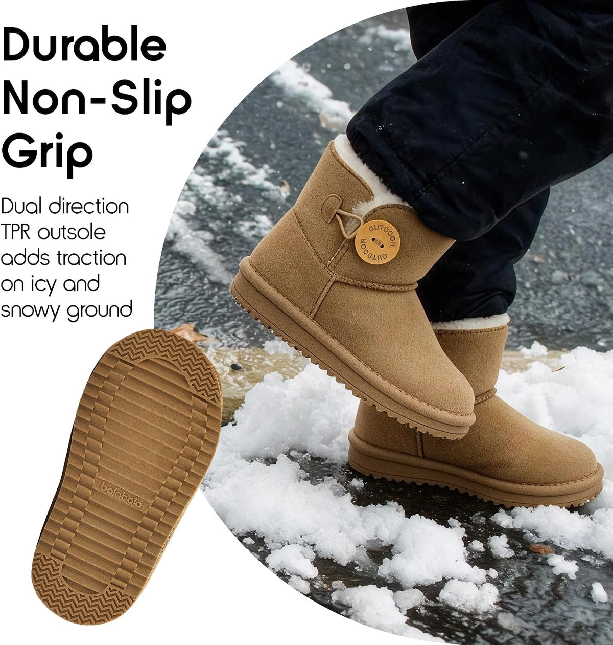 Balabala Kids Water-Resistant Snow Boots, Winter, Warm, Faux Fur, Suede