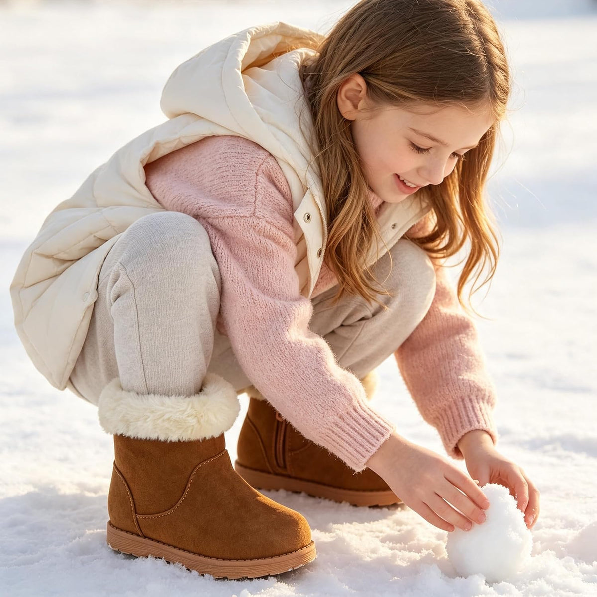 LseLom Girls-Boots-Warm-Ankle-Winter-Boots Kids Soft Plush Lining Fur Collar with Zipper Snow Bootie Indoor Outdoor Shoes for Toddler Little Big Kids Girls