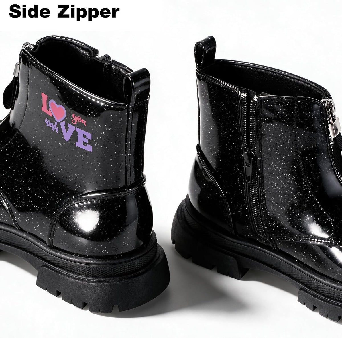 Girls Black Combat Ankle Boots Glitter with Front & Side Zippers