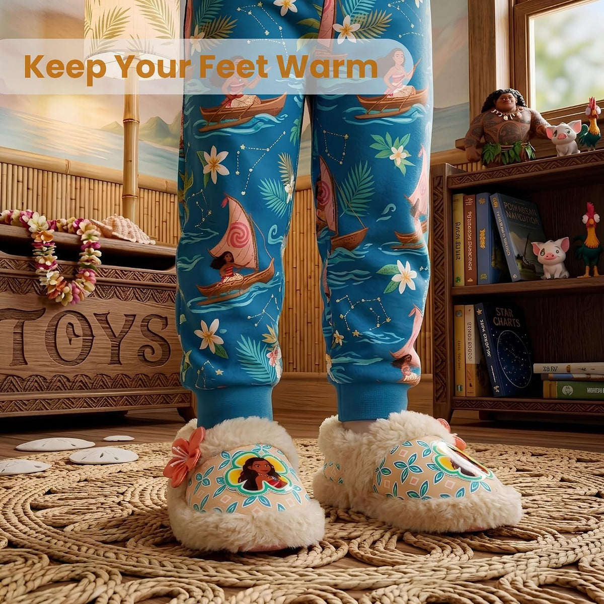 Disney Girls' Moana Slippers - Princess Moana Plush Fuzzy Slippers (Toddler/Little Girl)