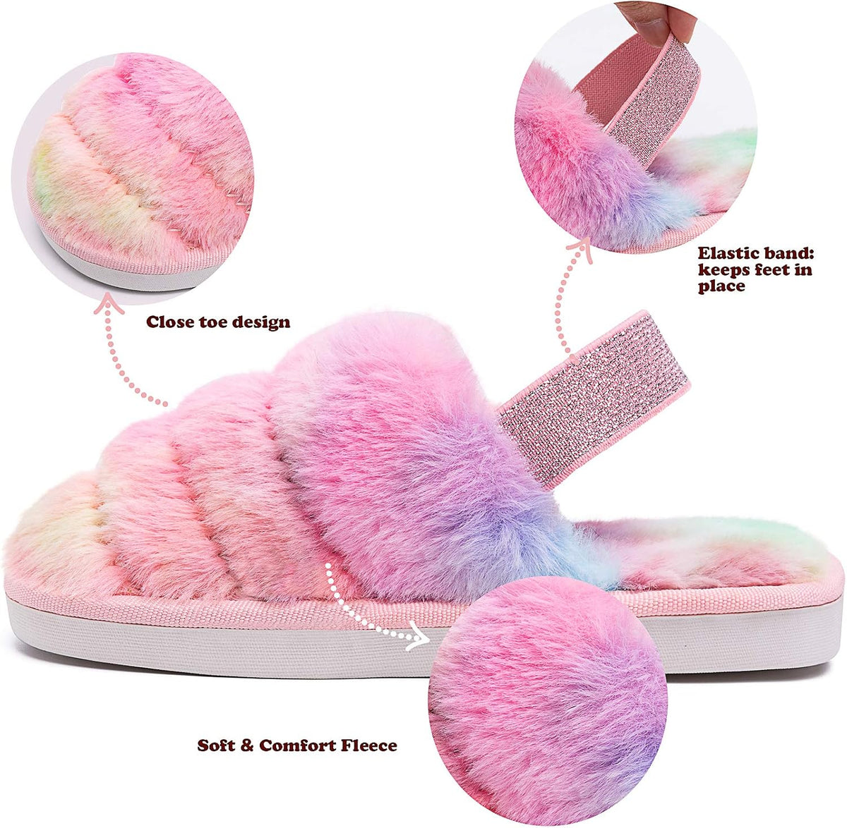 Kids Fluffy Fuzzy Slippers Open Toe House Home Slippers for Boys and Girls Faux Fur Slides with Strap Little Kids Slip-on Shoes