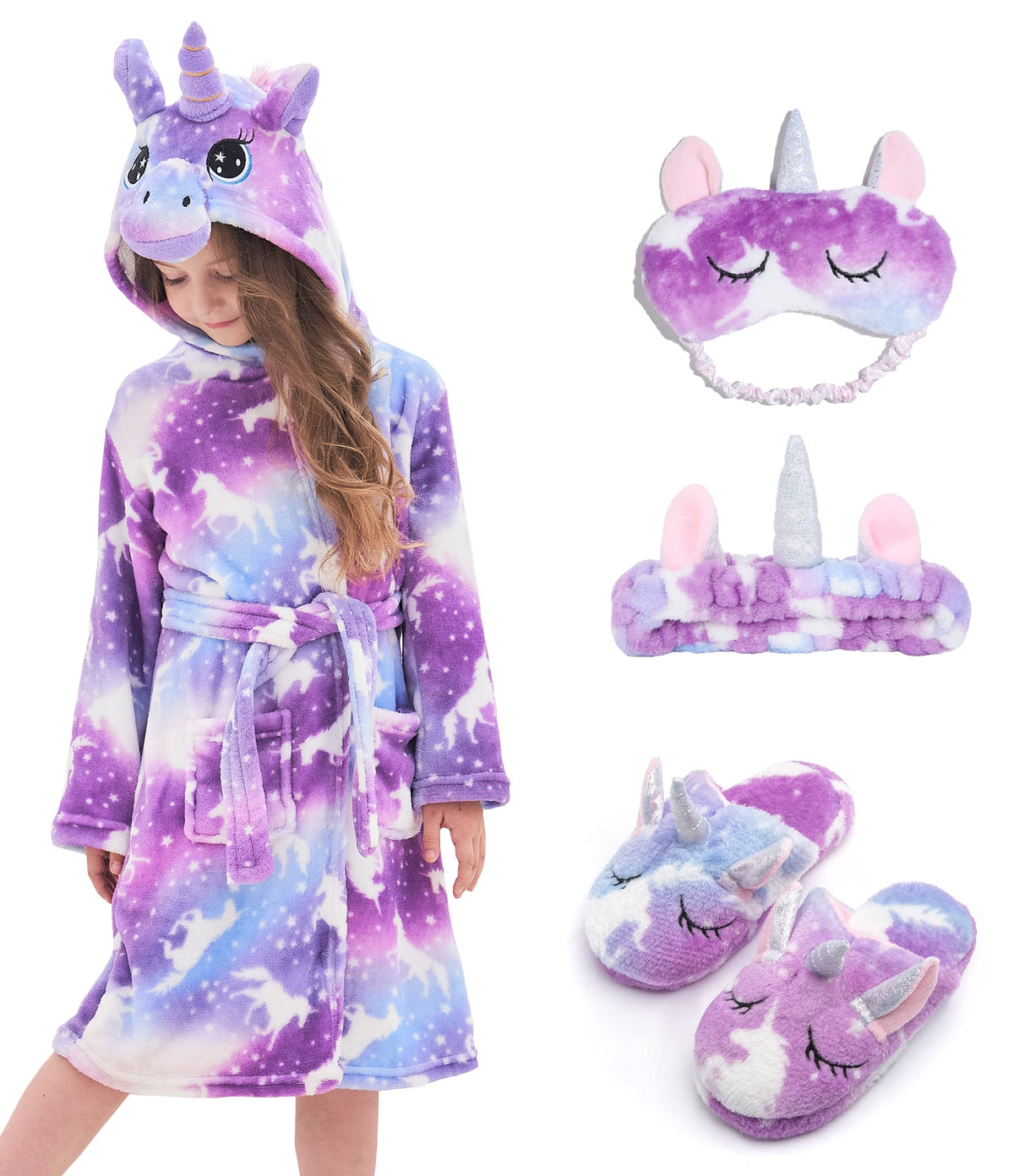 CHETOSHO Soft Unicorn Hooded Robe with Matching Slippers Headband and Blindfold for Girls
