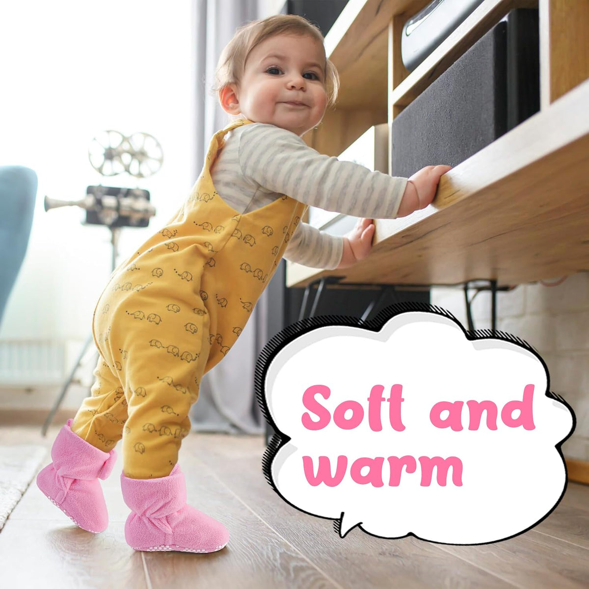 Pro Goleem Fleece Baby Booties, Warm Cozy Baby Slippers, Stay On Sock Shoes, Easy to Put on, Unisex Baby Gifts, Soft Non-Slip Adjustable Newborn Boots for Boys and Girls