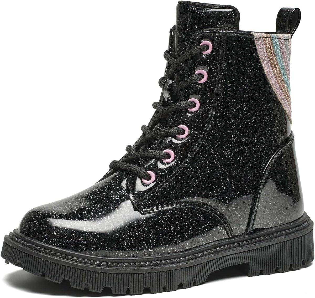 Girls Black Glitter Combat Ankle Boots with Zippers & Laces