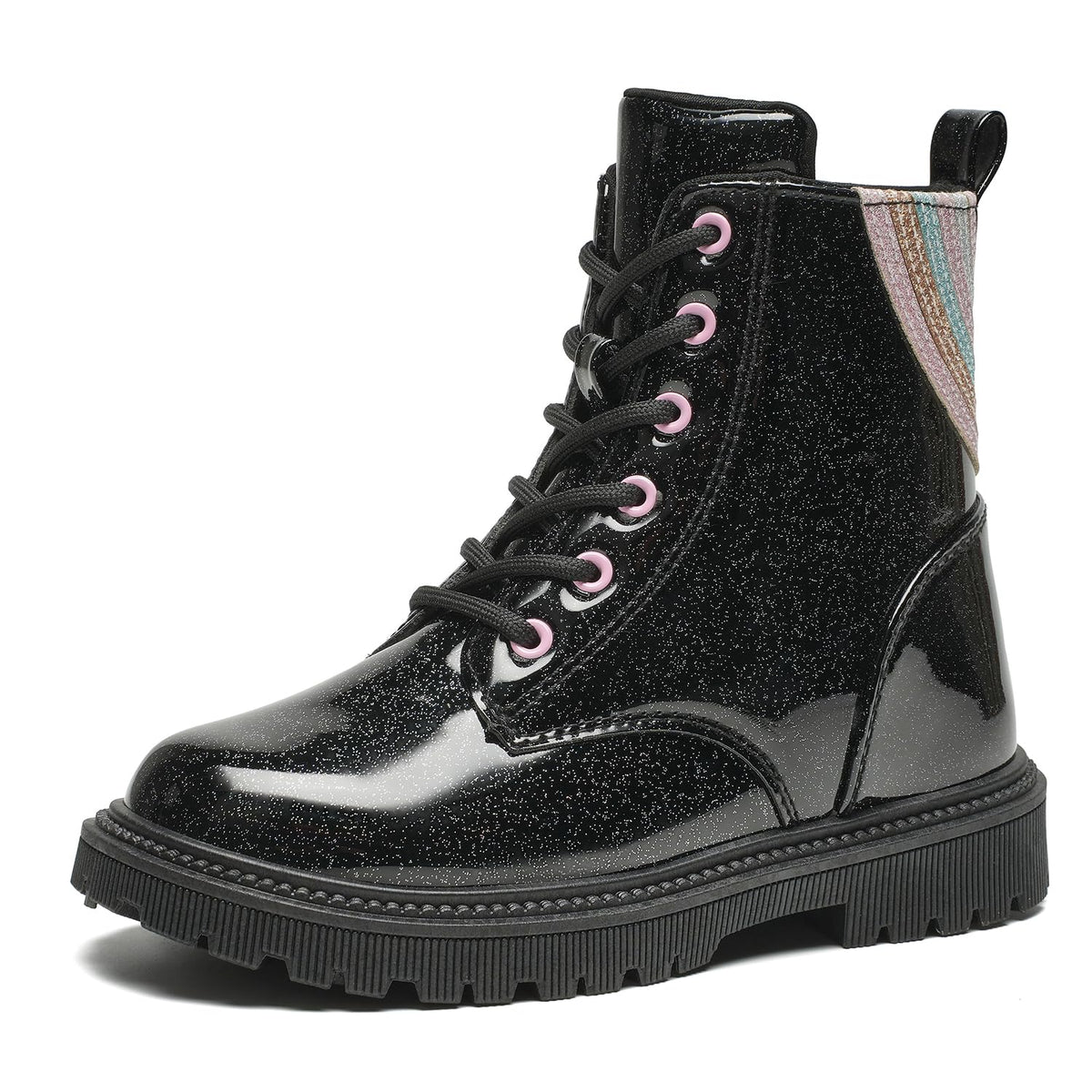 Girls Black Glitter Combat Ankle Boots with Zippers & Laces