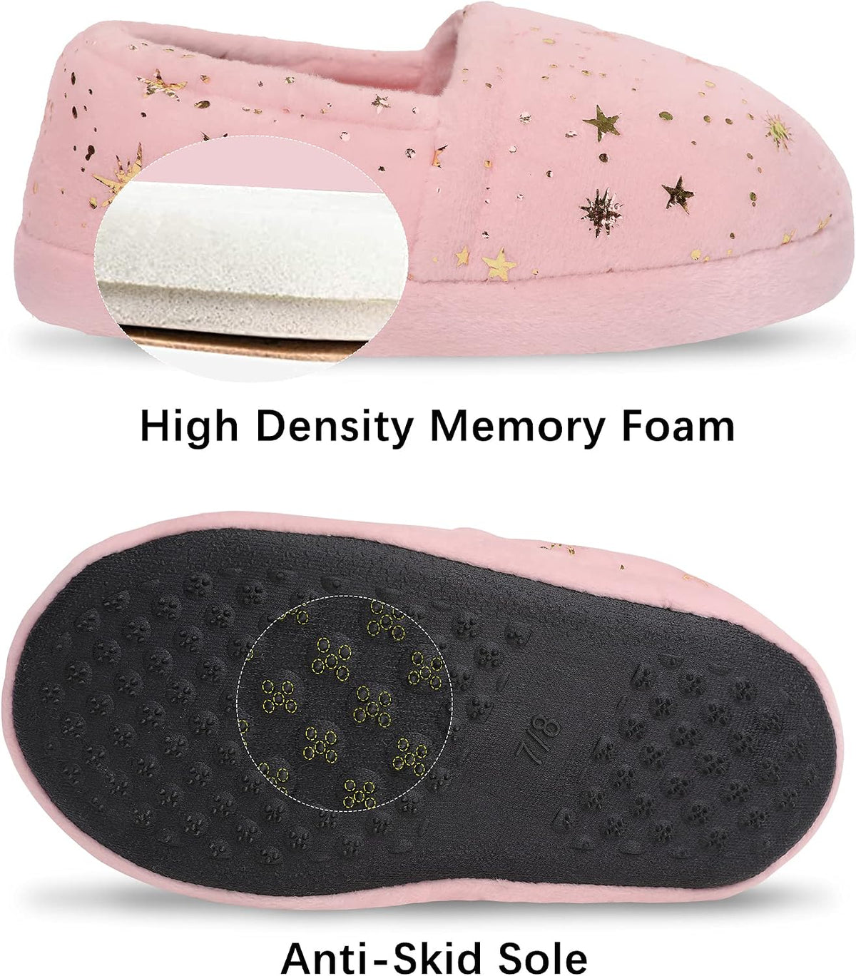 Bigwow Girls House Slippers Cozy Memory Foam Indoor Outdoor Shoes with Non-Slip Sole Star Print for Toddler Little Kids (Pink/Navy Blue)