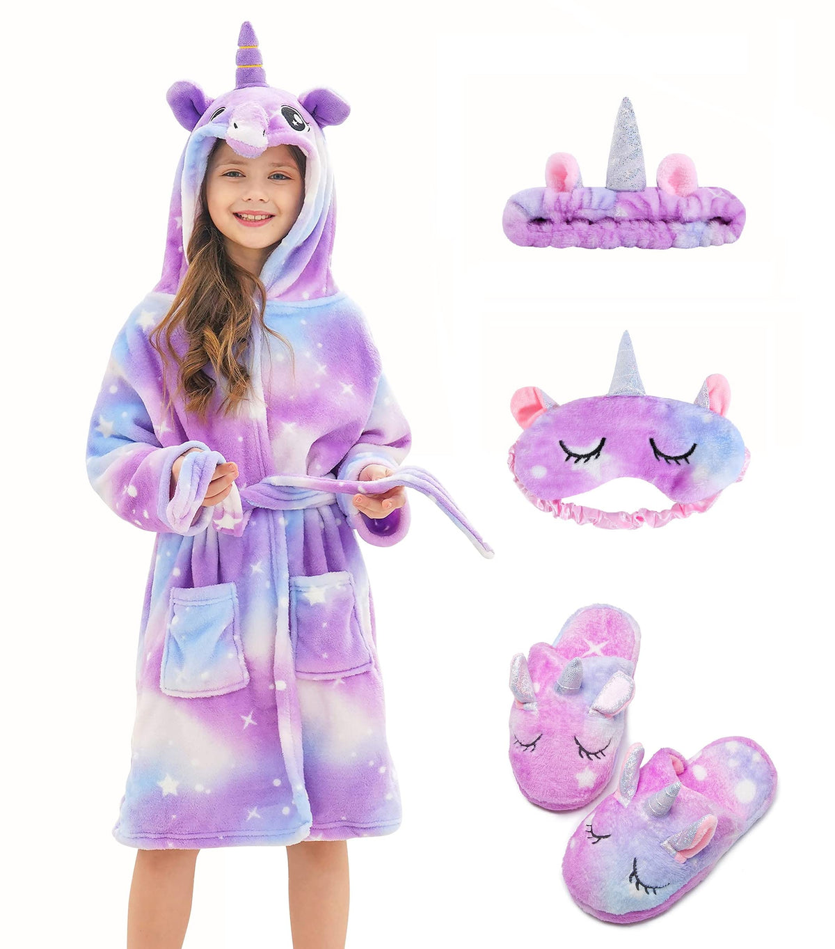 CHETOSHO Soft Unicorn Hooded Robe with Matching Slippers Headband and Blindfold for Girls