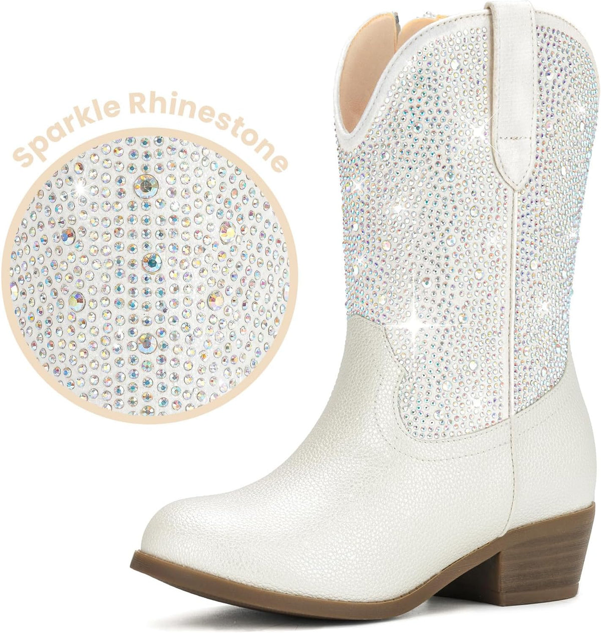 Rhinestone Girls Cowgirl Boots - Sparkly Cowboy Boots for Little Big Kids Toddler With Side Zipper Rounded Toe Non-Slip Comfortable Daily Birthday Halloween Rodeo Western Party Outfit