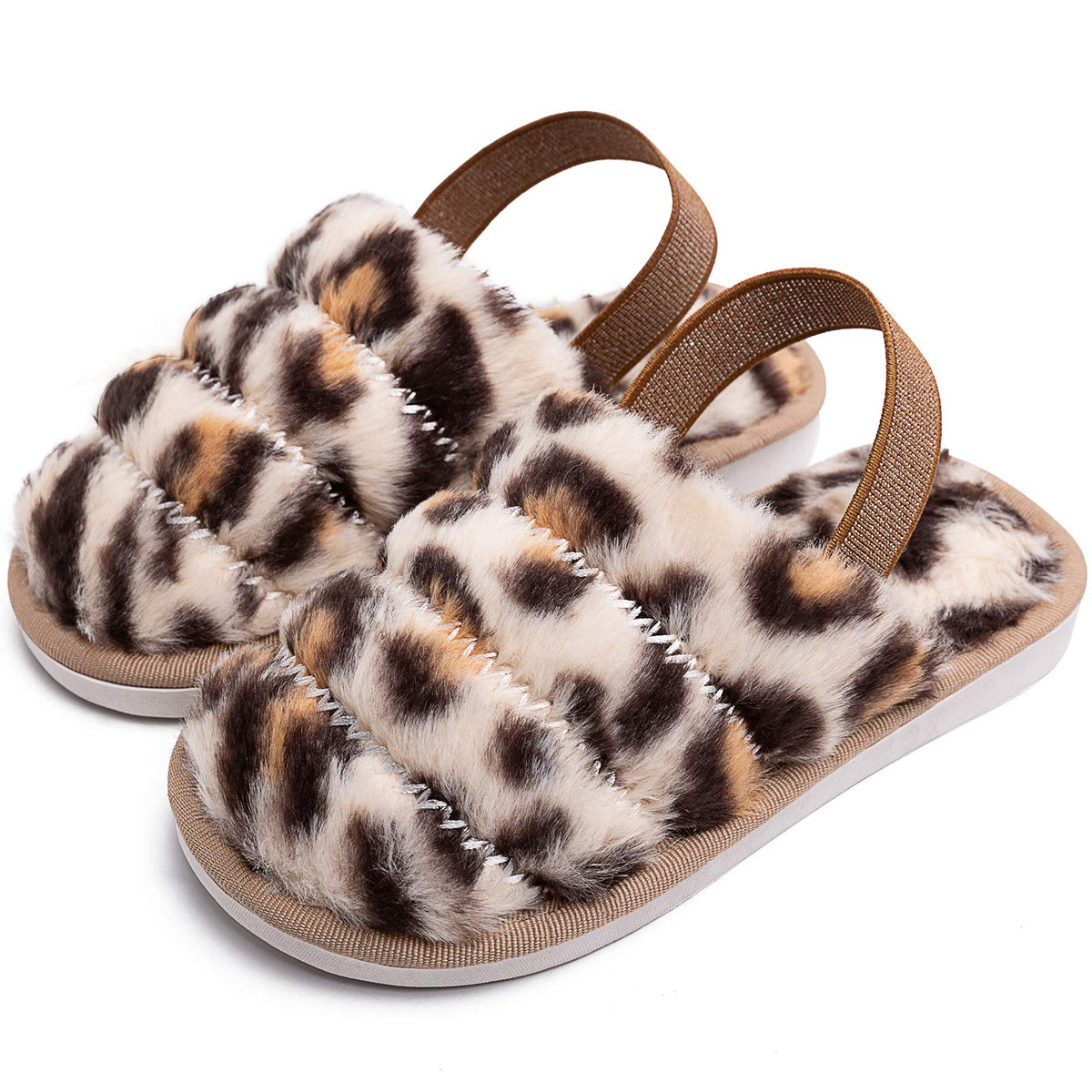 Kids Fluffy Fuzzy Slippers Open Toe House Home Slippers for Boys and Girls Faux Fur Slides with Strap Little Kids Slip-on Shoes