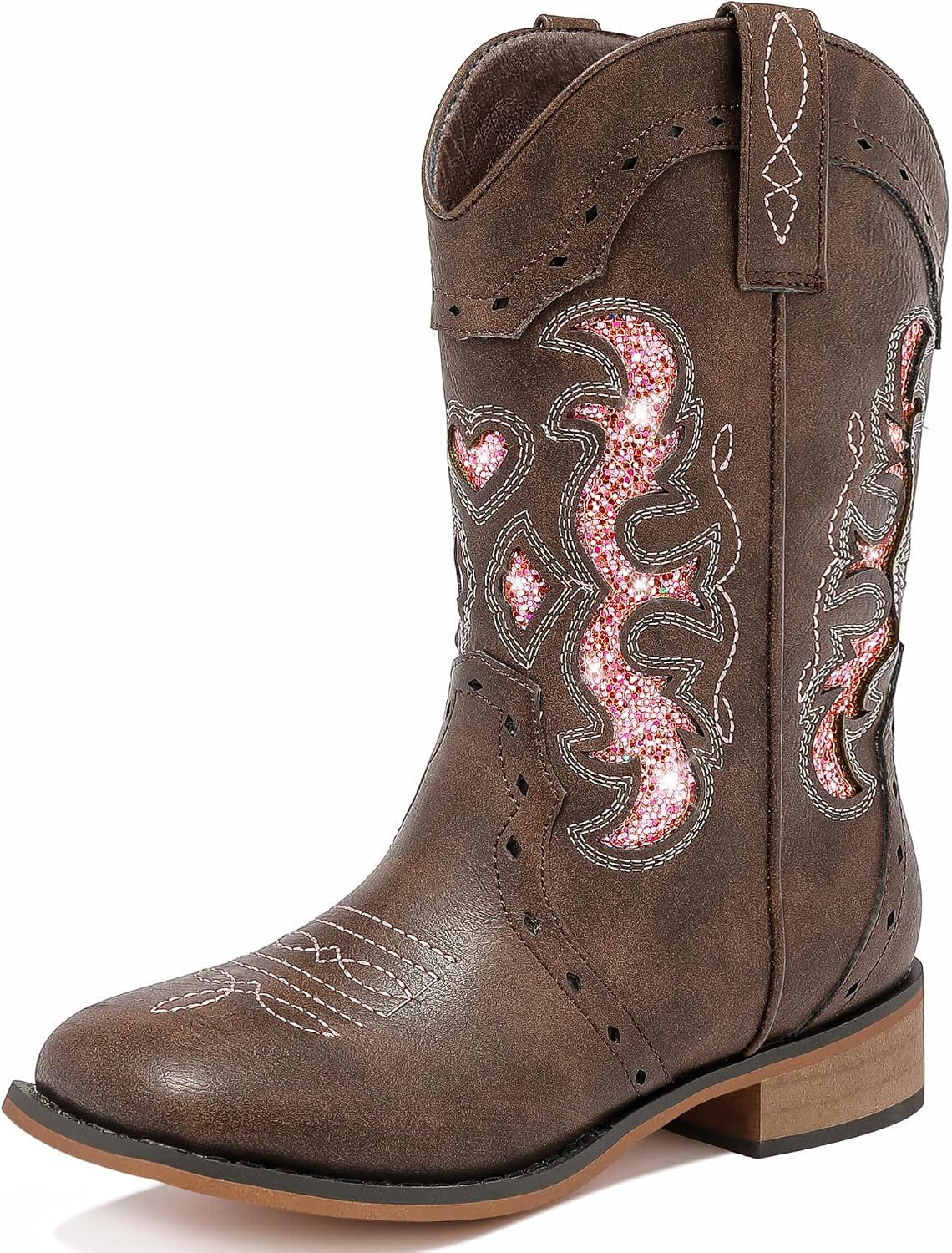 LAURMOSA Kids Cowgirl Boots for Girls Western Square Toe Girls Sparkle Boots Zipper Mid Calf Low Heel Horse Riding for Toddler Little Big Kids