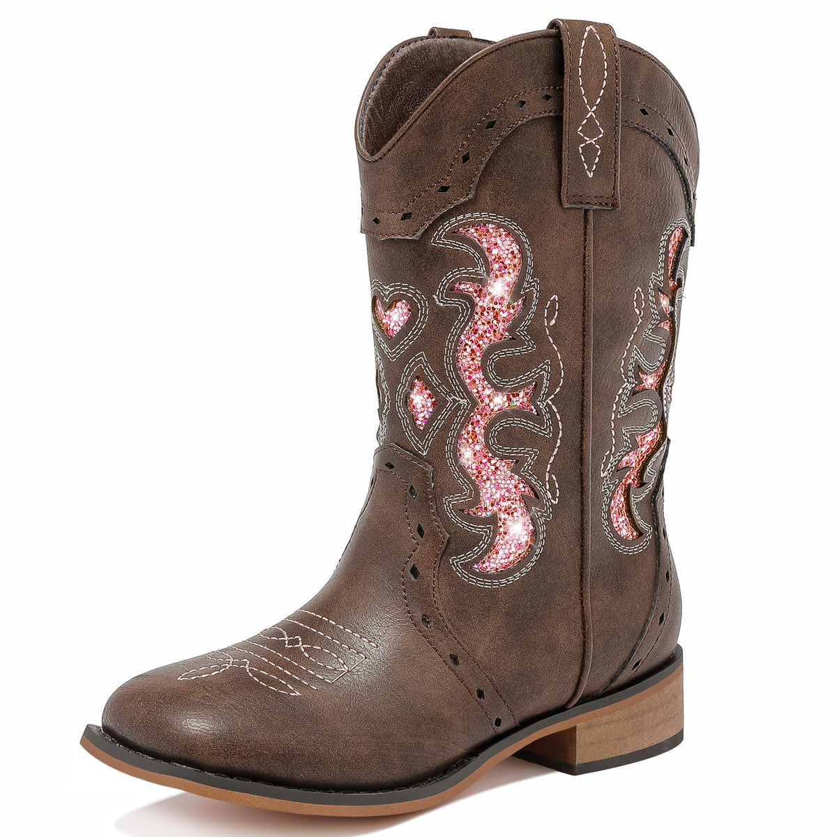 LAURMOSA Kids Cowgirl Boots for Girls Western Square Toe Girls Sparkle Boots Zipper Mid Calf Low Heel Horse Riding for Toddler Little Big Kids